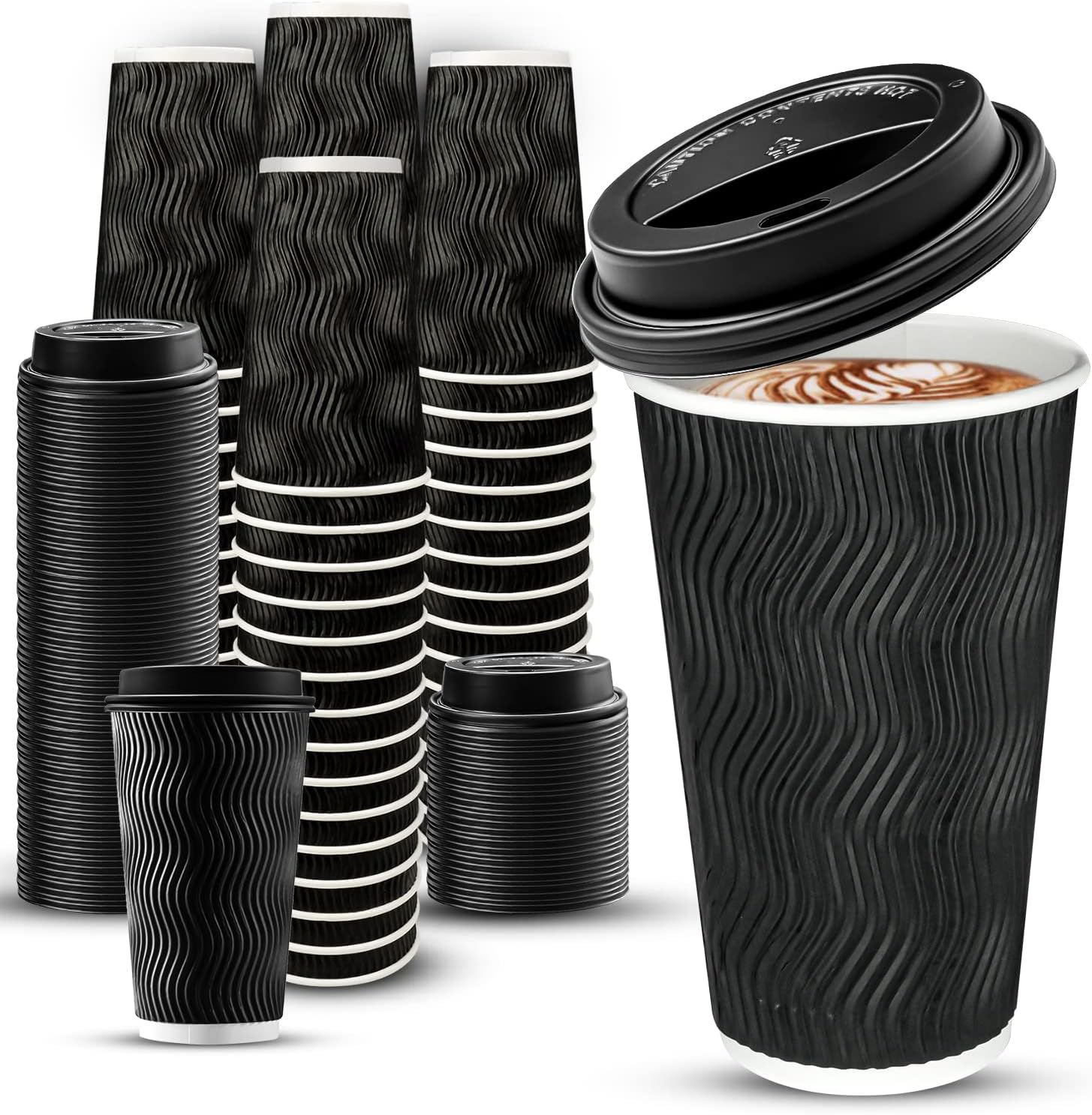 Ginkgo 100 Pack 16 oz Disposable Insulated Coffee Cups with Lids, Paper To-Go Coffee Cups for Coffee Bars, Hot Chocolate, Cocoa, and Hot Tea Drinks – Black