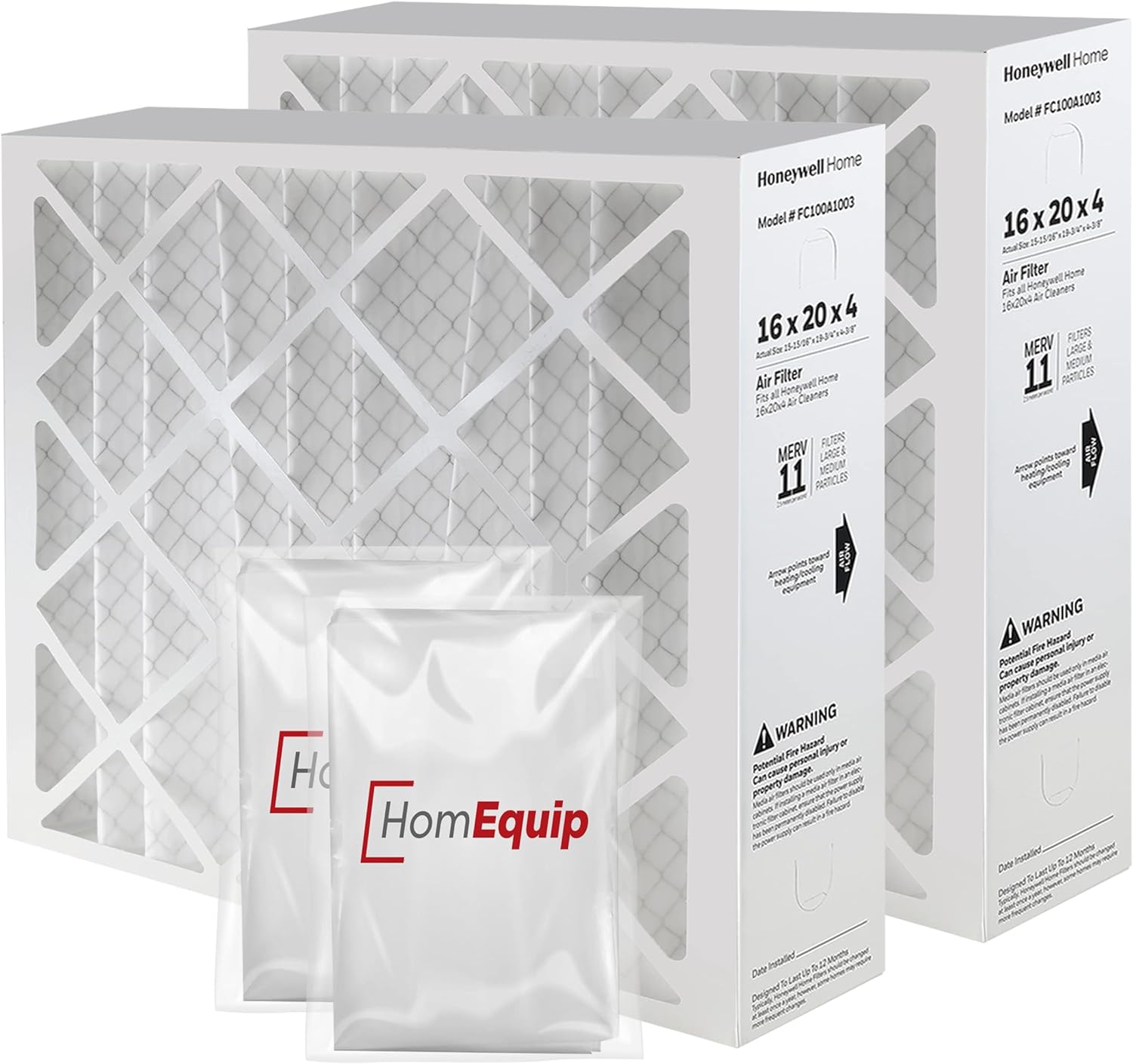 Honeywell 16x20x4 AC Furnace Air Filter Replacement – FC100A1003 HVAC Furnace Filters Merv 11 Filter Media, AC Filter with Homequip Disposal Bag, 2-Pack (Actual Size: 15.94 x 19.75 x 4.38 Inches)