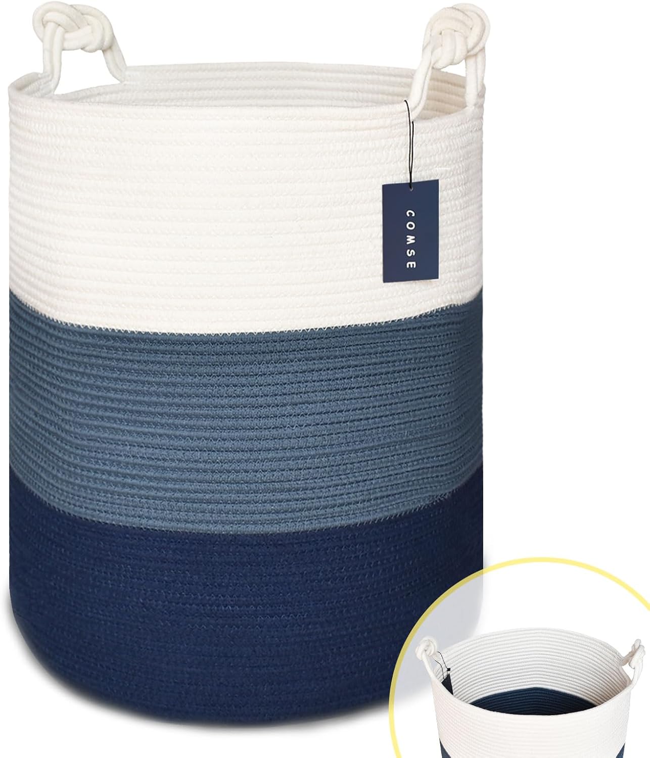 COMSE Extra Large Blanket Basket, High Storage Basket, Tall Rope Laundry Basket, 15.7”x 21.7”, Cotton Rope Basket, XXXL Laundry Basket, Toy Basket, Clothes Baskets,White/Cadet Blue/Navy Blue