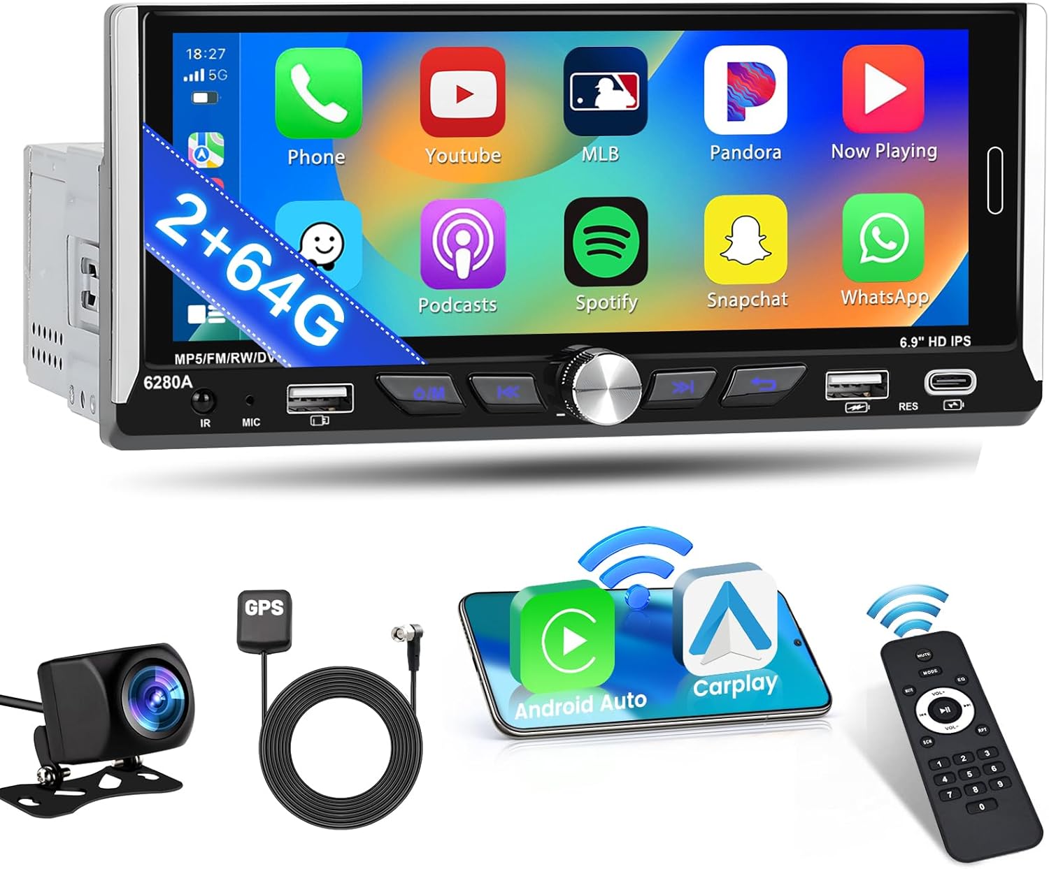 2+64G Inefala 6.9 Inch Android 13 Single DIN Car Radio Stereo with Wireless Carplay&Android Auto, HD Touchscreen with Bluetooth GPS WiFi FM/RDS USB-A/USB-C Backup Camera Mic