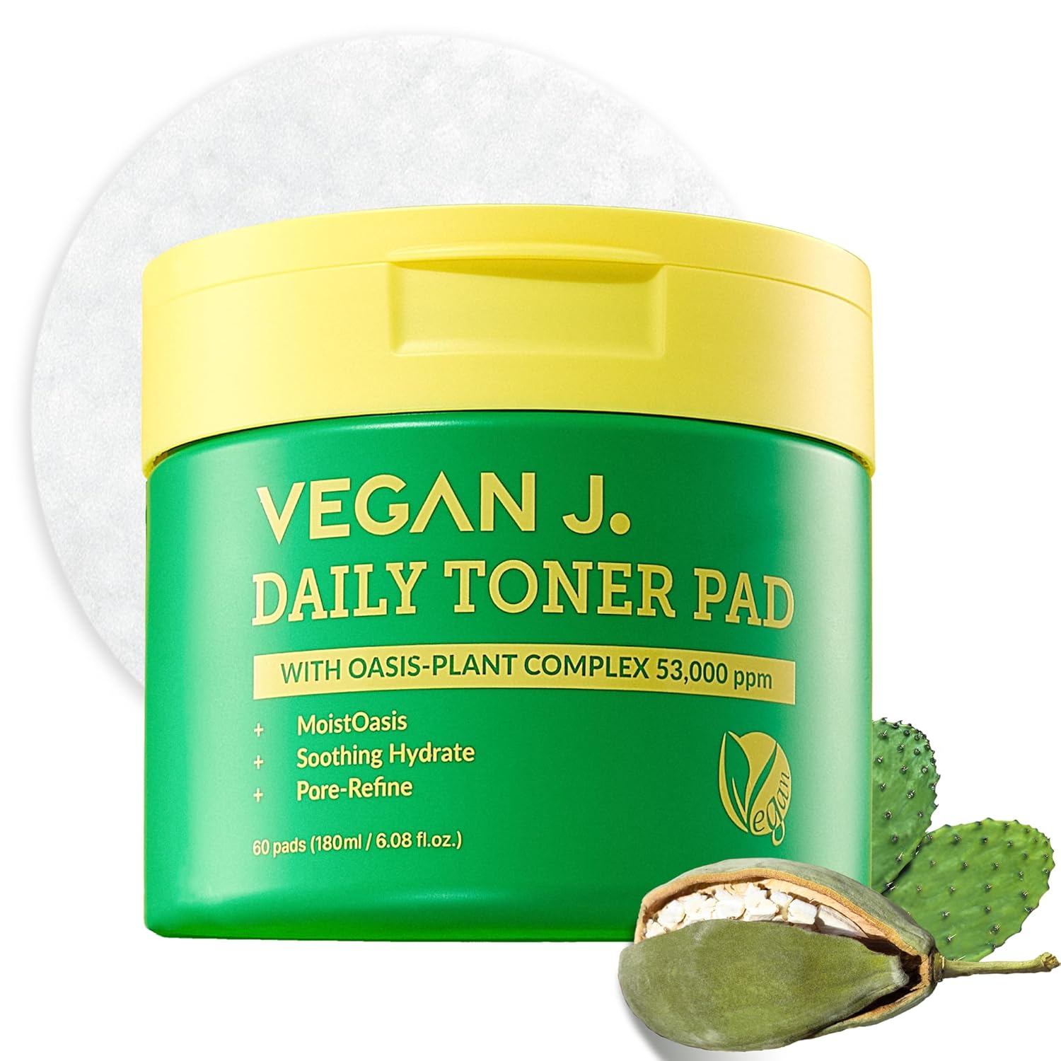 Vegan J Daily Toner Pads | Exfoliating, Hydrating, Moisturizing | Vegan K-Beauty | Oasis-Plant Complex 53,000ppm | Pore Refining & Skin Soothing | 100% Cotton (60 Pads)