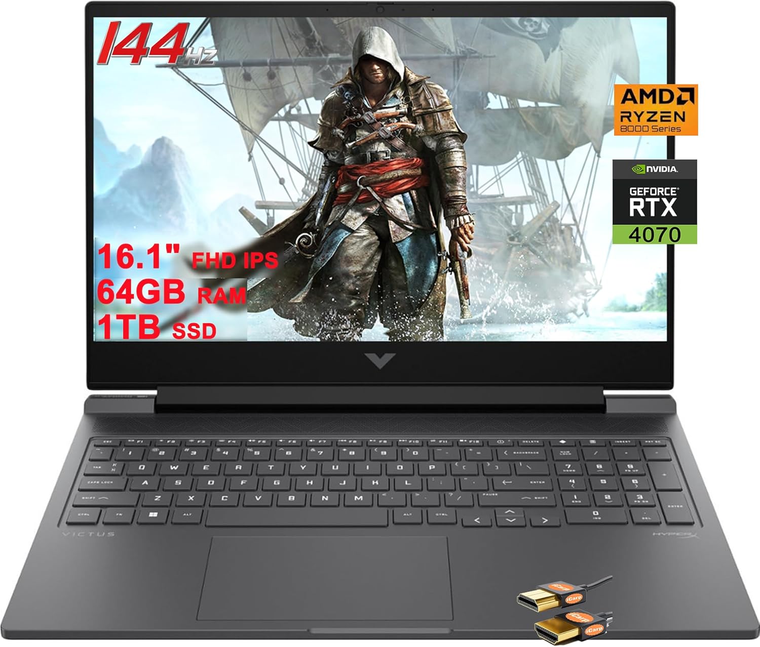 HP Victus 16 Gaming Laptop 16.1″ FHD IPS 144Hz AMD 8-Core Zen 4 Ryzen 7 8845HS (Beats i7-12700H) 64GB RAM 1TB SSD GeForce RTX 4070 Graphic Backlit USB-C FHD Privacy Camera Win11 Black + HDMI Cable