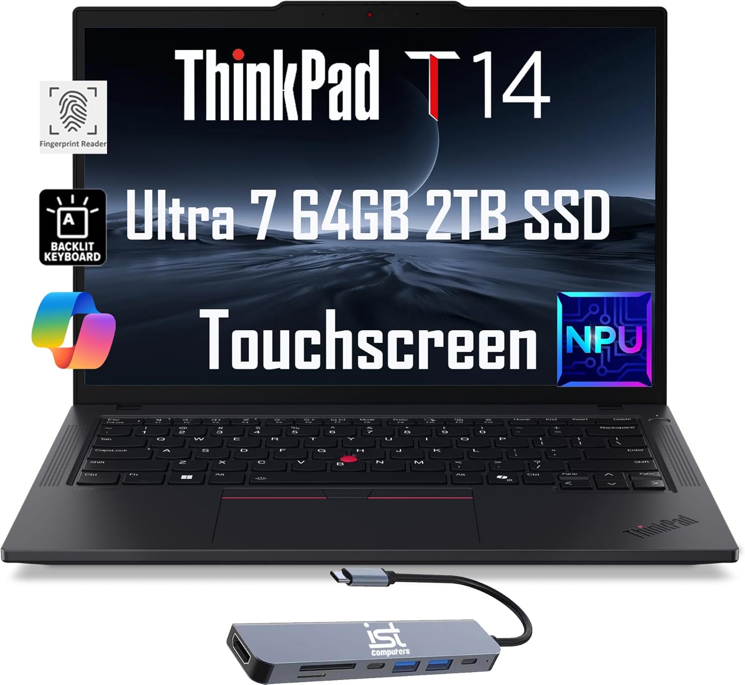 Lenovo ThinkPad T14 Gen 5 Business Laptop (14″ FHD+ Touchscreen, Intel Ultra 7 155U (>i7-13700H), 64GB DDR5, 2TB SSD), 5MP Webcam, 2 Thunderbolt 4, 3-Yr WRT, IST Hub, 2024 AI PC, Win 11 Pro