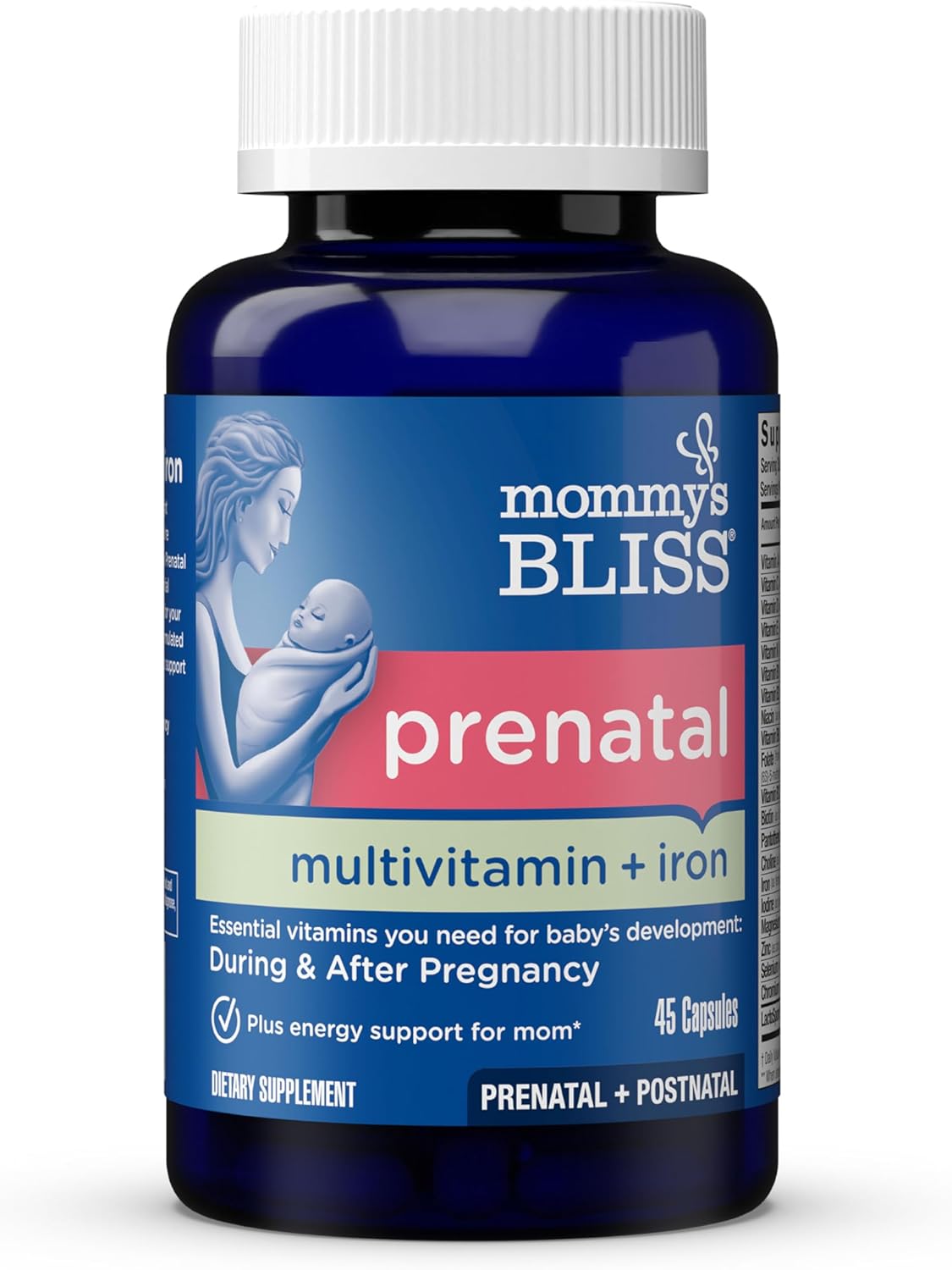 Mommy’s Bliss Prenatal Multivitamin with Iron and Folic Acid, Supports Baby Development + Mom Immune System & Energy Levels w/ B Vitamins & Probiotics, Vegan & Gluten Free (45 Servings)