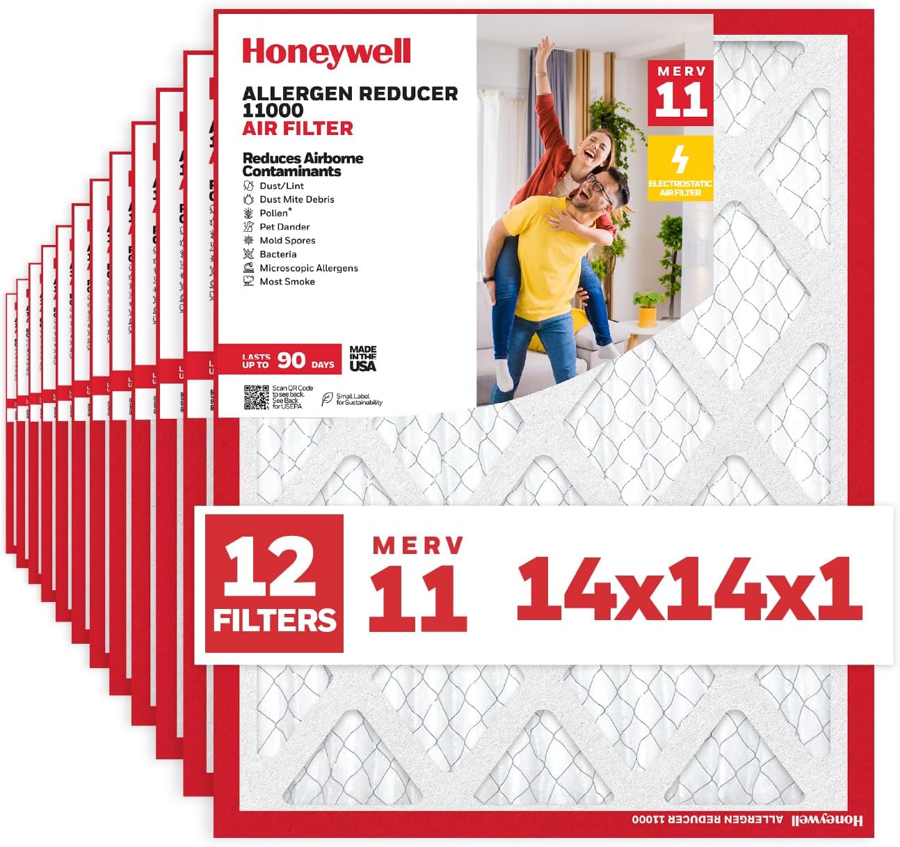 Honeywell 14x14x1 MERV 11 Allergen Reducer 11000 Electrostatic Pleated HVAC AC Furnace Air Filter (12-Pack) | Replacement Filter for Home Use | Made in USA