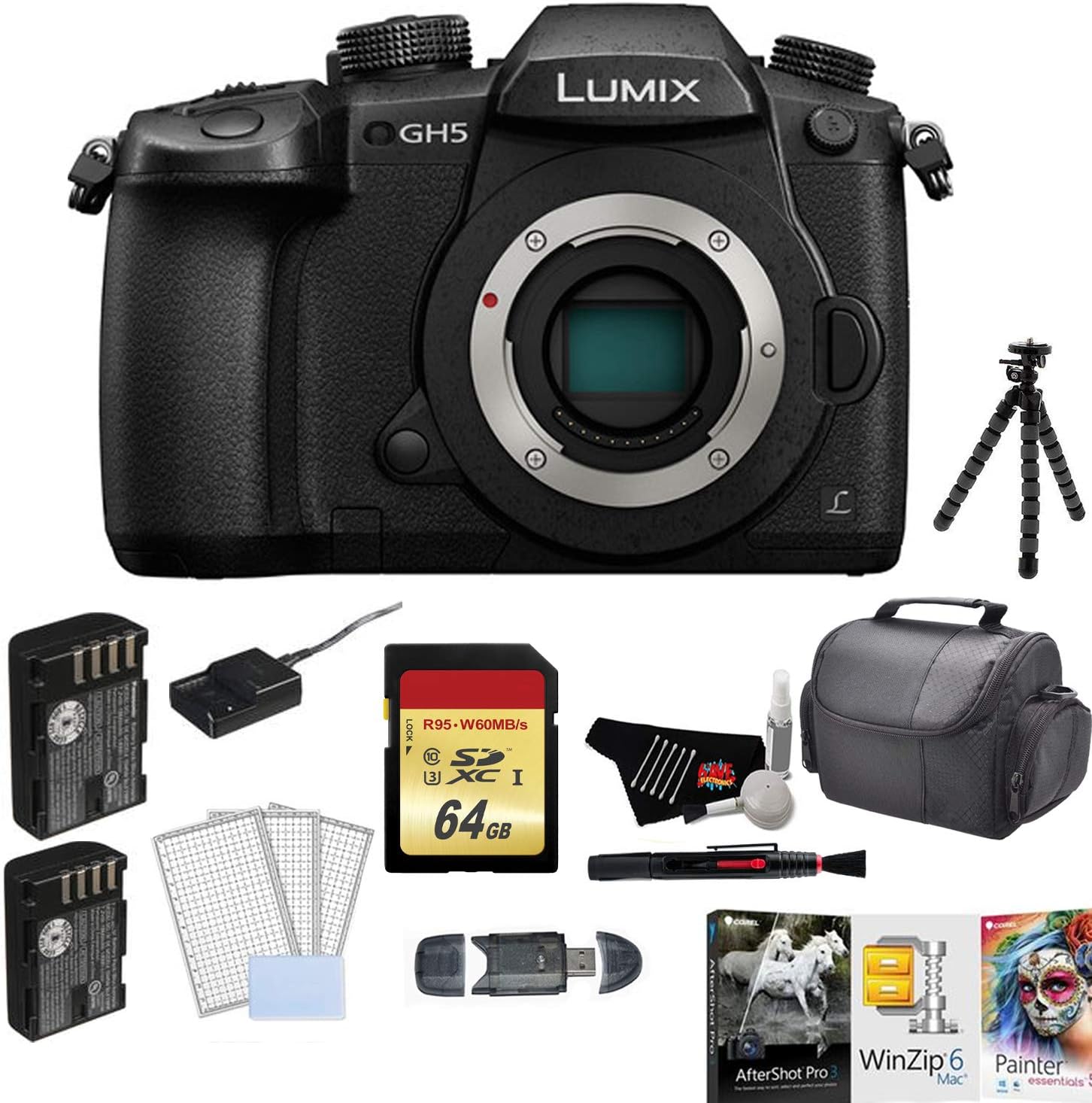 Panasonic Lumix DC-GH5 Mirrorless Micro Four Thirds Digital Camera (Body Only) Bundle with Battery + 64GB Memory Card + Corel Mac Photo Essentials Software Kit and More