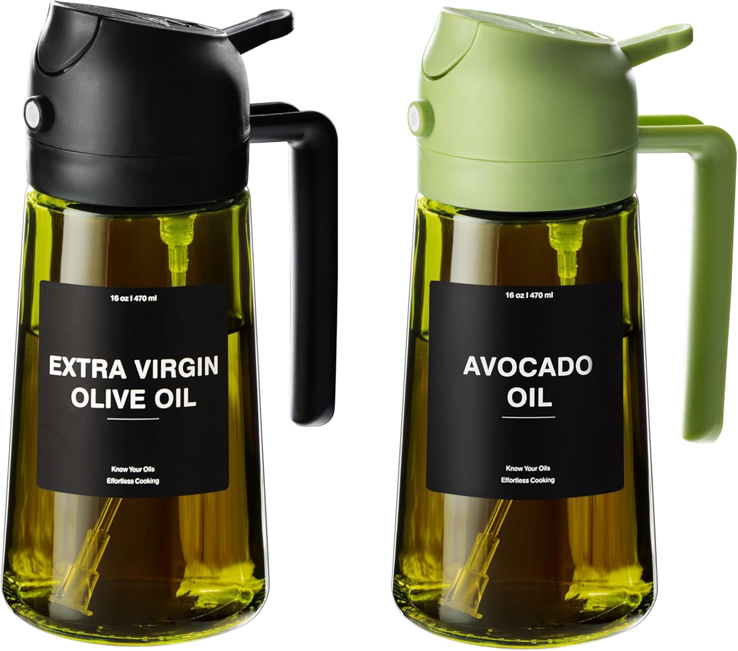 CXINYI – Oil Dispenser for Kitchen – 16oz / 470ml Olive Oil Bottle w/Stickers – 2 in 1 Olive Oil Dispenser & Oil Sprayer – Oil Sprayer for Cooking, Salad, Barbecue 2Pcs Black&Green(Light-Proof)