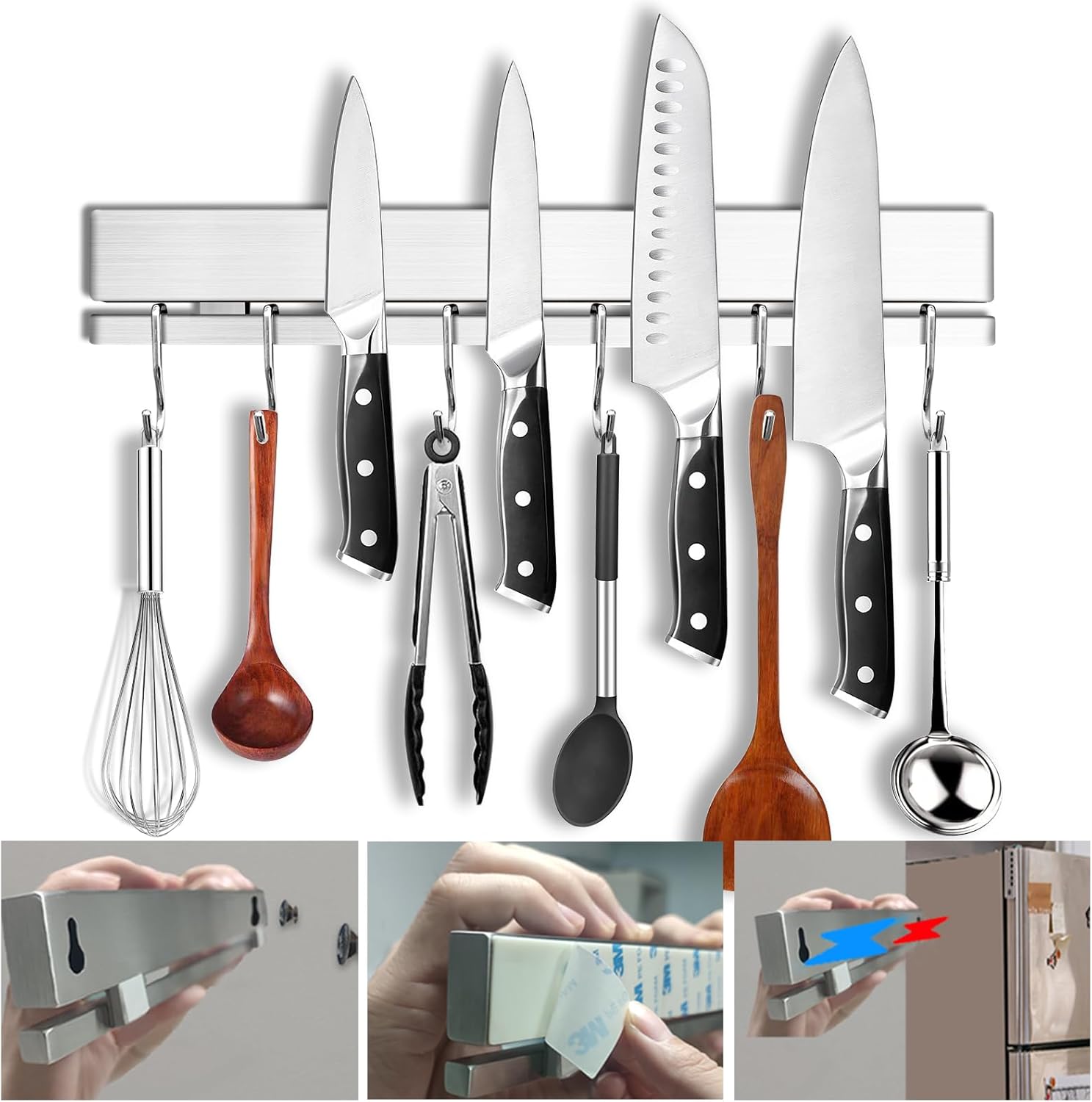 YIIYIIN 12″ Premium 304 Stainless Steel Double-Sided Magnetic Knife Holder for Wall or Fridge -with Adhesive Strip, No Drill -6 Hooks Included for Kitchen Utensils