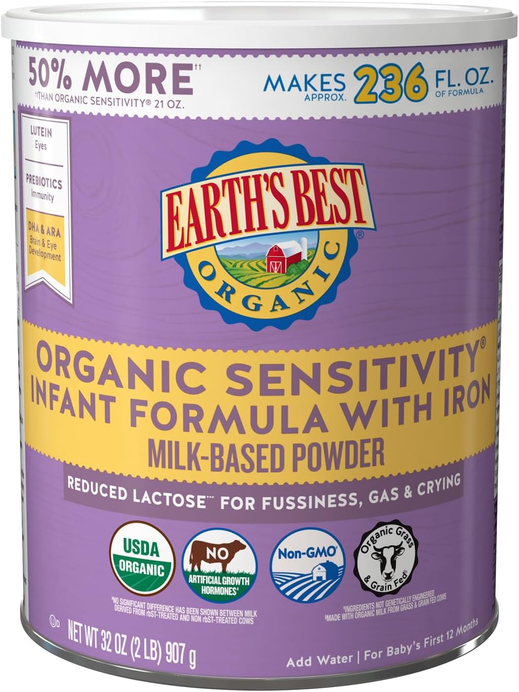 Earth’s Best Organic Sensitive Baby Formula for Babies 0-12 Months, Reduced Lactose Powdered Infant Formula with Iron, Omega-3 DHA, and Omega-6 ARA, 32 oz Formula Container