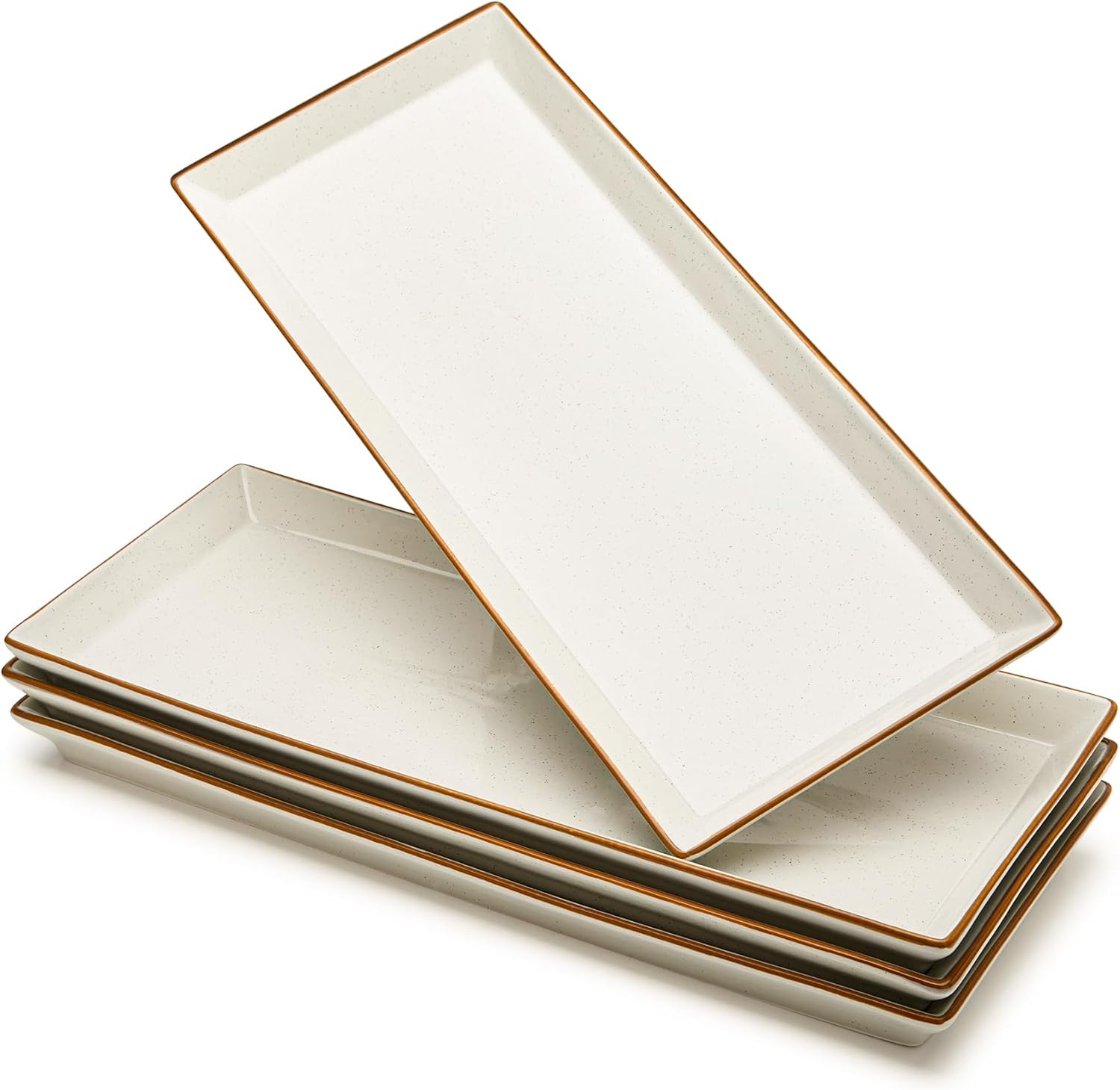 Sweese Rectangular Porcelain Platters, Vanilla White with Brown Trim, Serving Trays for Parties, 13.8 Inch Large Serving Dishes for Steak, Taco, Sushi, Appetizer – Dishwasher & Oven Safe – Set of 4