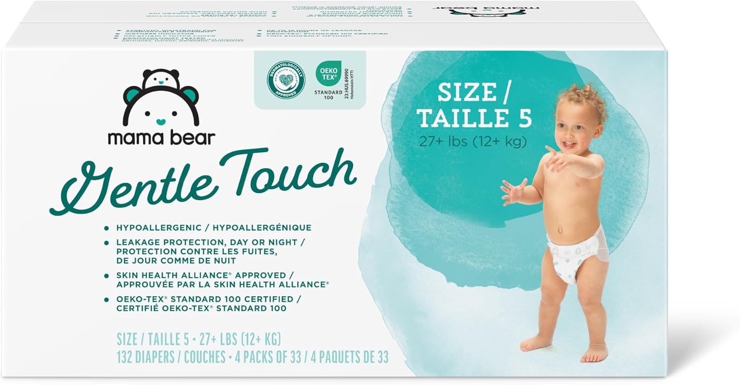 Amazon Brand – Mama Bear Gentle Touch Diapers, Hypoallergenic, Size 5, 132 Count (4 packs of 33), White