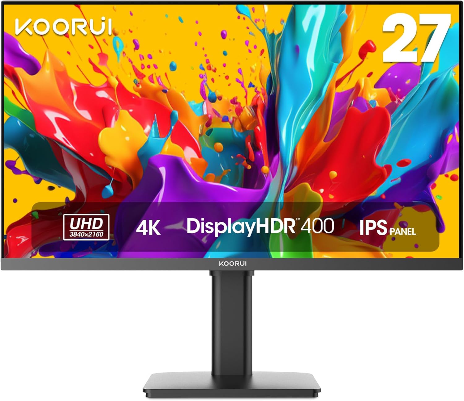 KOORUI 27 inch 4K Computer Monitor, UHD (3840 x 2160) IPS, HDR400, DCI-P3 95%, 1.07 Billion Colors, USB-C, HDMI, DisplayPort, Tilt Pivot Vertical Height Adjustable, VESA Compatible, Black, 27N7U