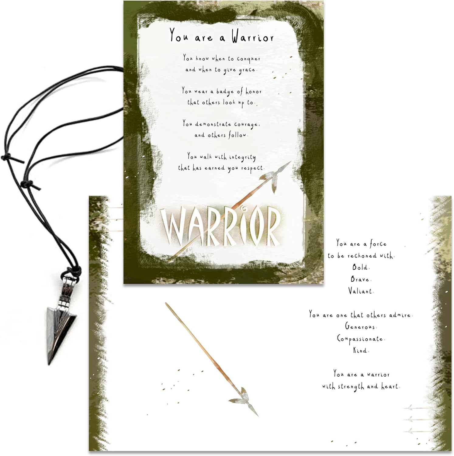 Smiling Wisdom – Warrior Courage Supportive Encouraging Greeting Card and Arrowhead Necklace Gift Set – Stainless Steel – Teenage Men, Grad, Cancer Survivor – Leather