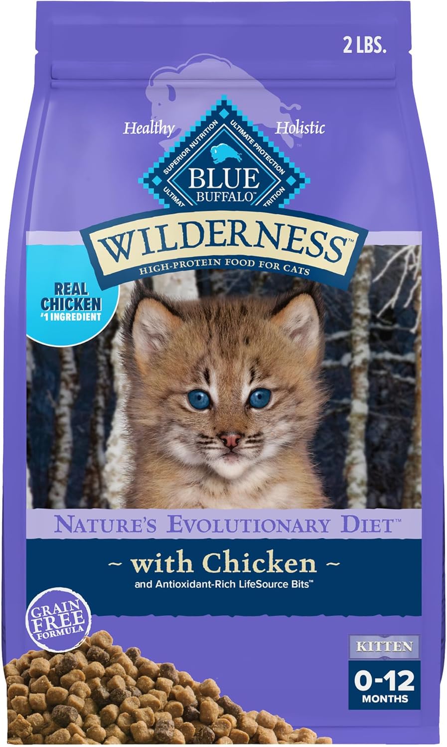 Blue Buffalo Wilderness Natural Kitten Dry Cat Food, with DHA and ARA to Support Brain and Eye Development, High-Protein and Grain-Free Diet, Chicken, 2-lb. Bag