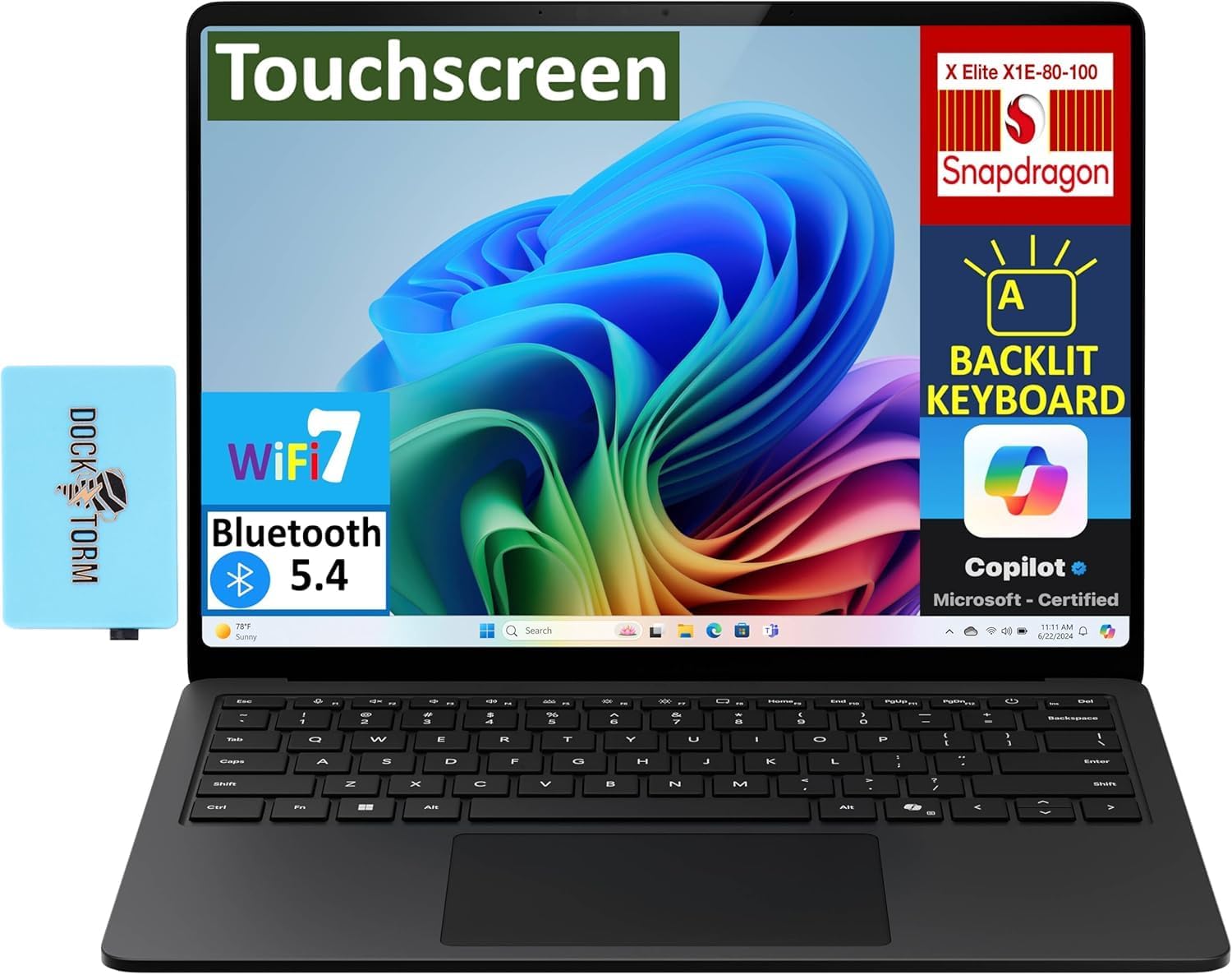 MS Surface AI Laptop 15.0″ 120 Hz Touchscreen 600 nits FHD+ Display (Qualcomm Snapdragon X Elite X1E-80-100, 16GB LPDDR5X, 2TB SSD, Facial Rec, Backlit KYB, Wi-Fi 7, Win11Pro) w/DKZ USB Port Expander