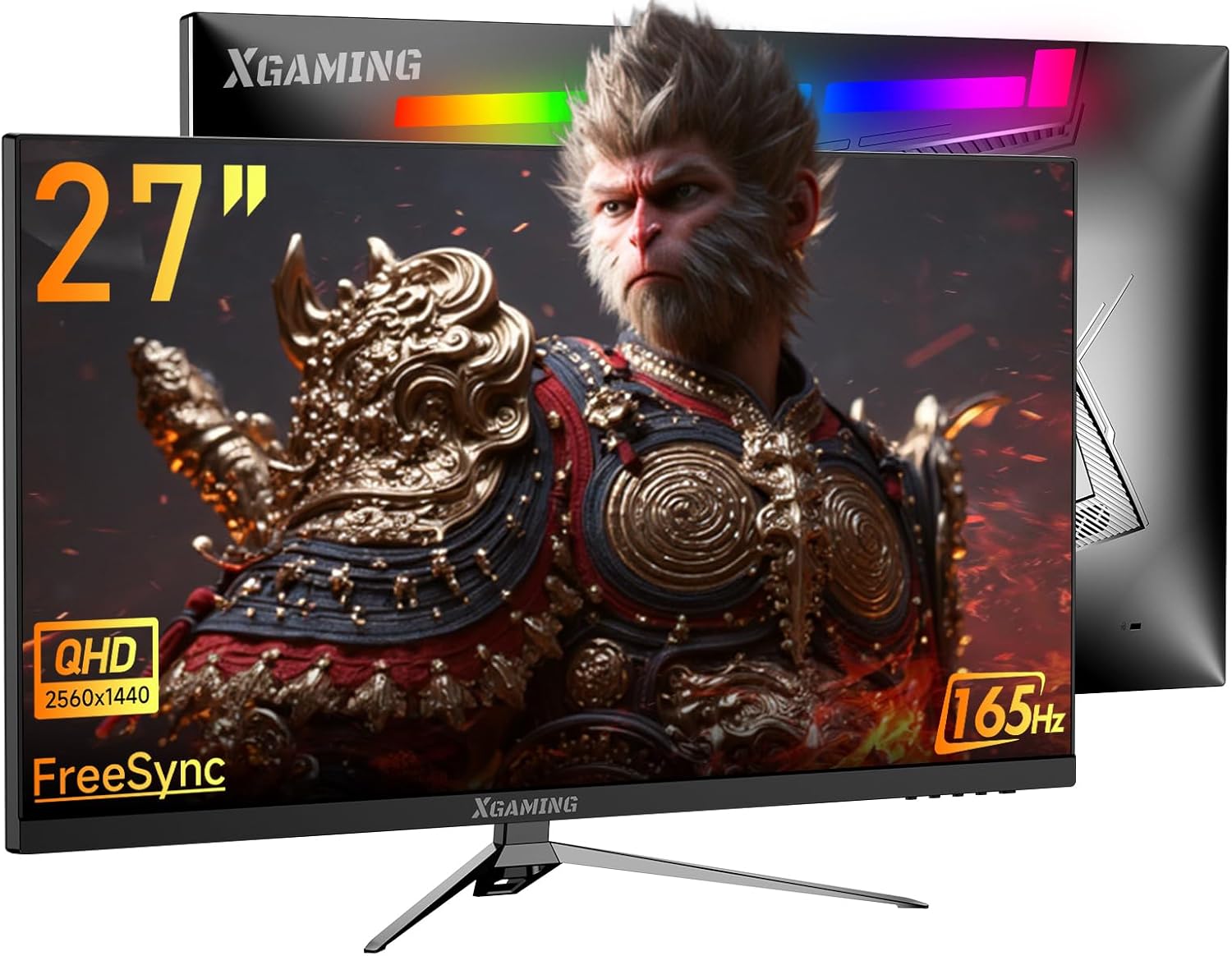 27 inch Gaming Monitor, QHD 2560 * 1440p, 144Hz/165Hz 98% sRGB, 1ms, FreeSync, Dual HDMI&DisplayPort, Built-in Speakers and LED Rainbow Light, Frameless IPS Screen, VESA Mountable, Black