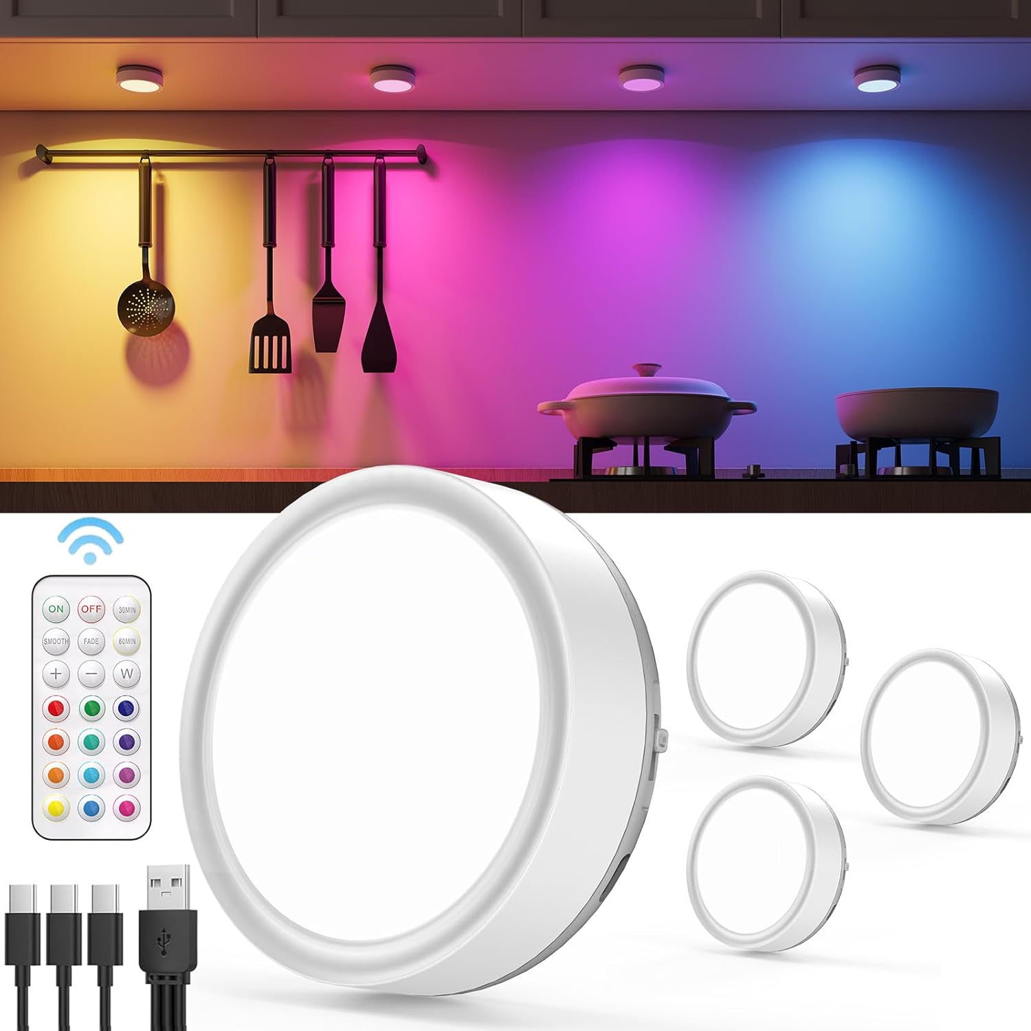 USB Rechargeable Puck Lights with Remote Control, RGB Colored 1600mAh Battery Operated Push Lights LED Stick On Cabinet Light Magnetic Tap Light Classroom Wireless Under Shelf Light Press Button Light