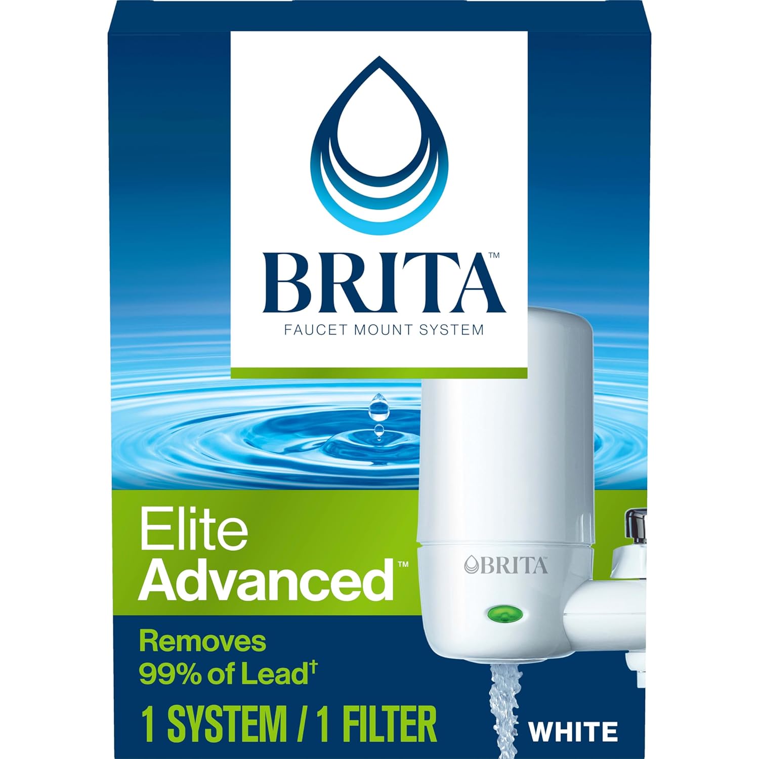 Brita Faucet Mount Water Filter for Sink, Removes 99% of Lead, Elite Advanced Filtration System, Includes 1 Replacement Filter, White