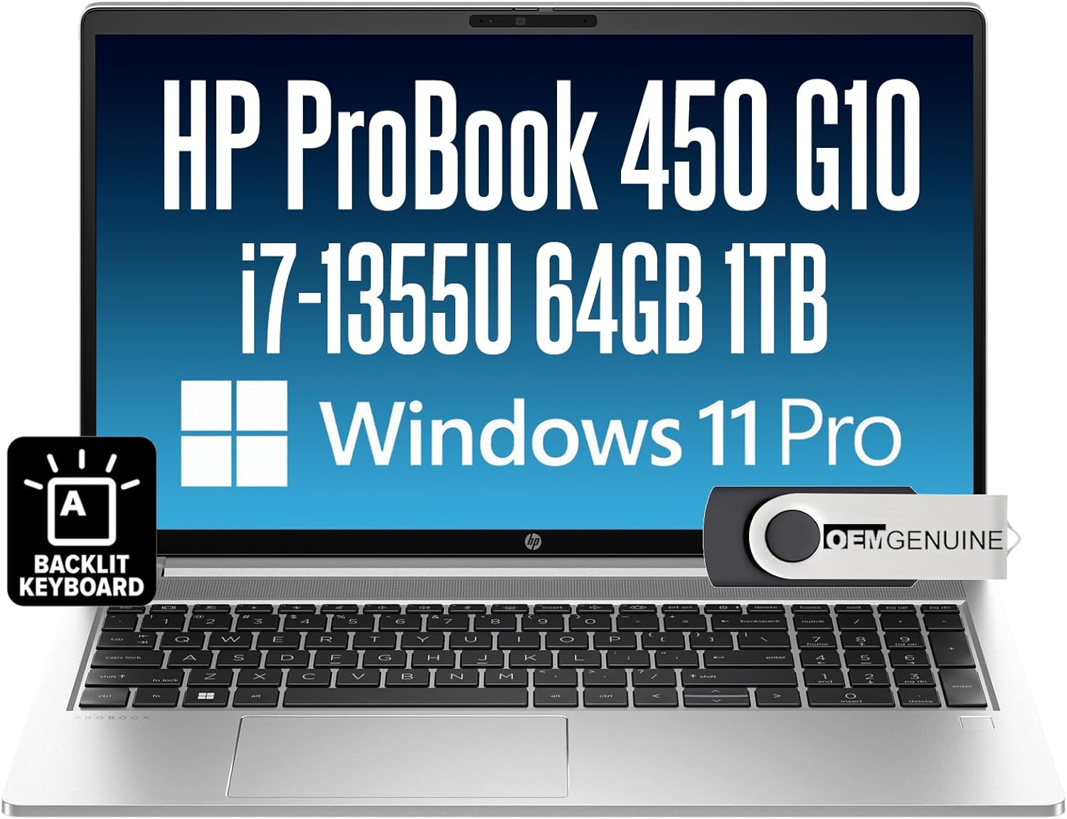 HP ProBook 450 G10 Business Laptop 15.6” FHD Display, Intel 10 Core i7-1355U, 64GB RAM, 1TB NVMe, Wi-Fi 6, RJ-45, Webcam, HDMI, Backlit Keyboard, Win 11 Pro – Silver w/USB Drive