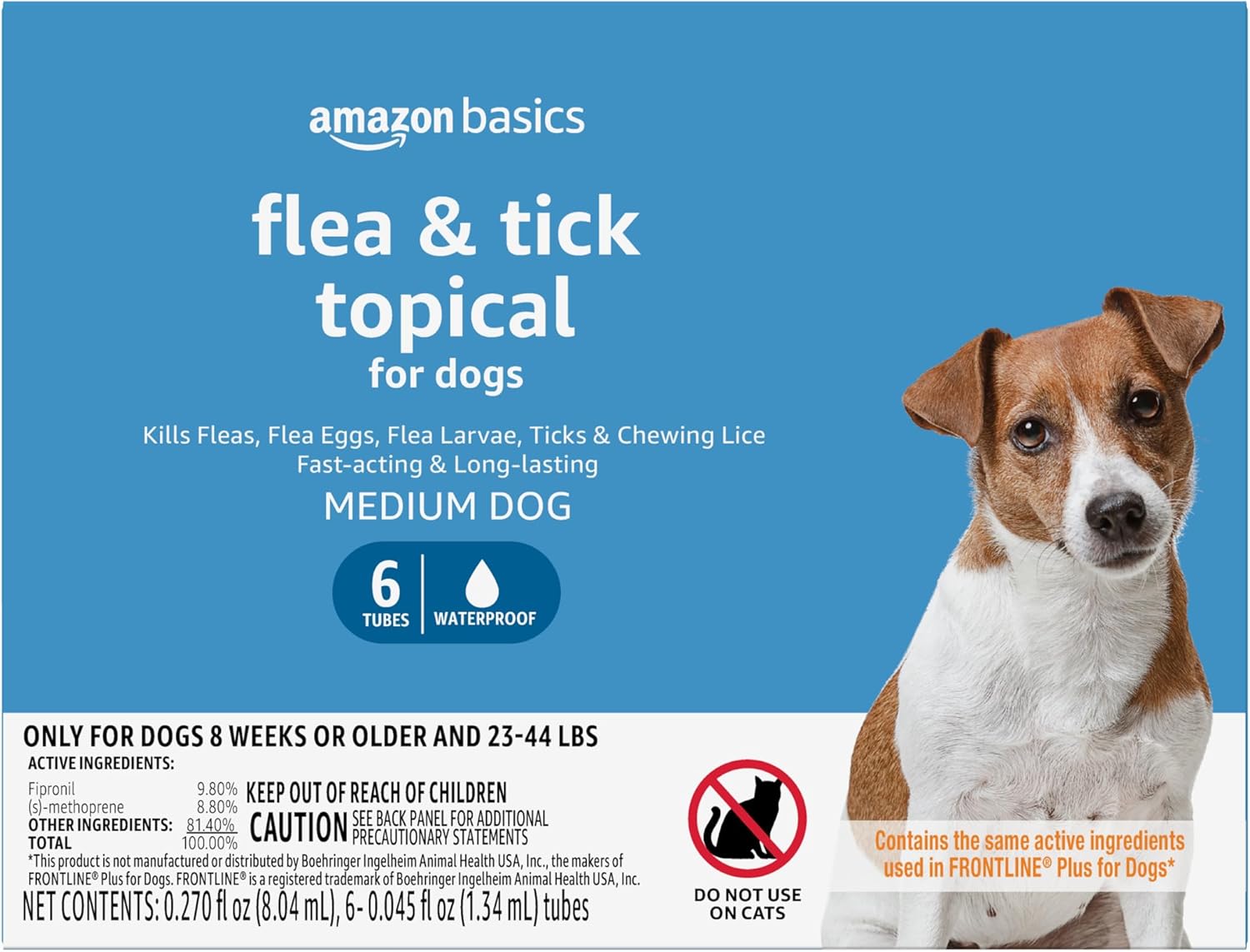 Amazon Brand – Solimo for Dogs Medium Dog (23-44 pounds) Flea and Tick Treatment, 6 Doses