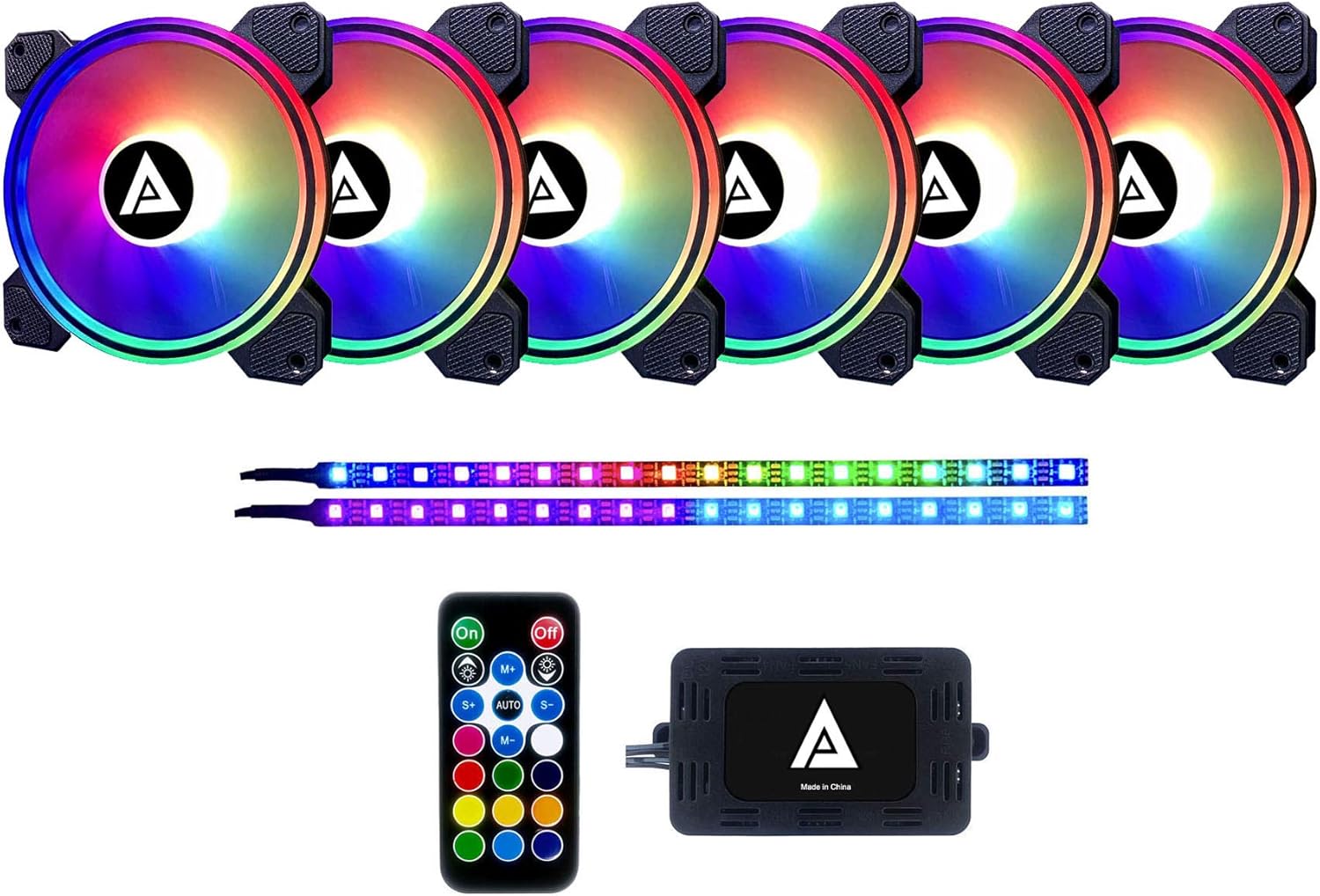 Apevia ET62-RGB Electro 120mm Silent RGB Color Changing LED Fan with Remote Control, 28x LEDs & 8X Anti-Vibration Rubber Pads w/ 2 Magnetic RGB Color LED Strips (6+2-pk)