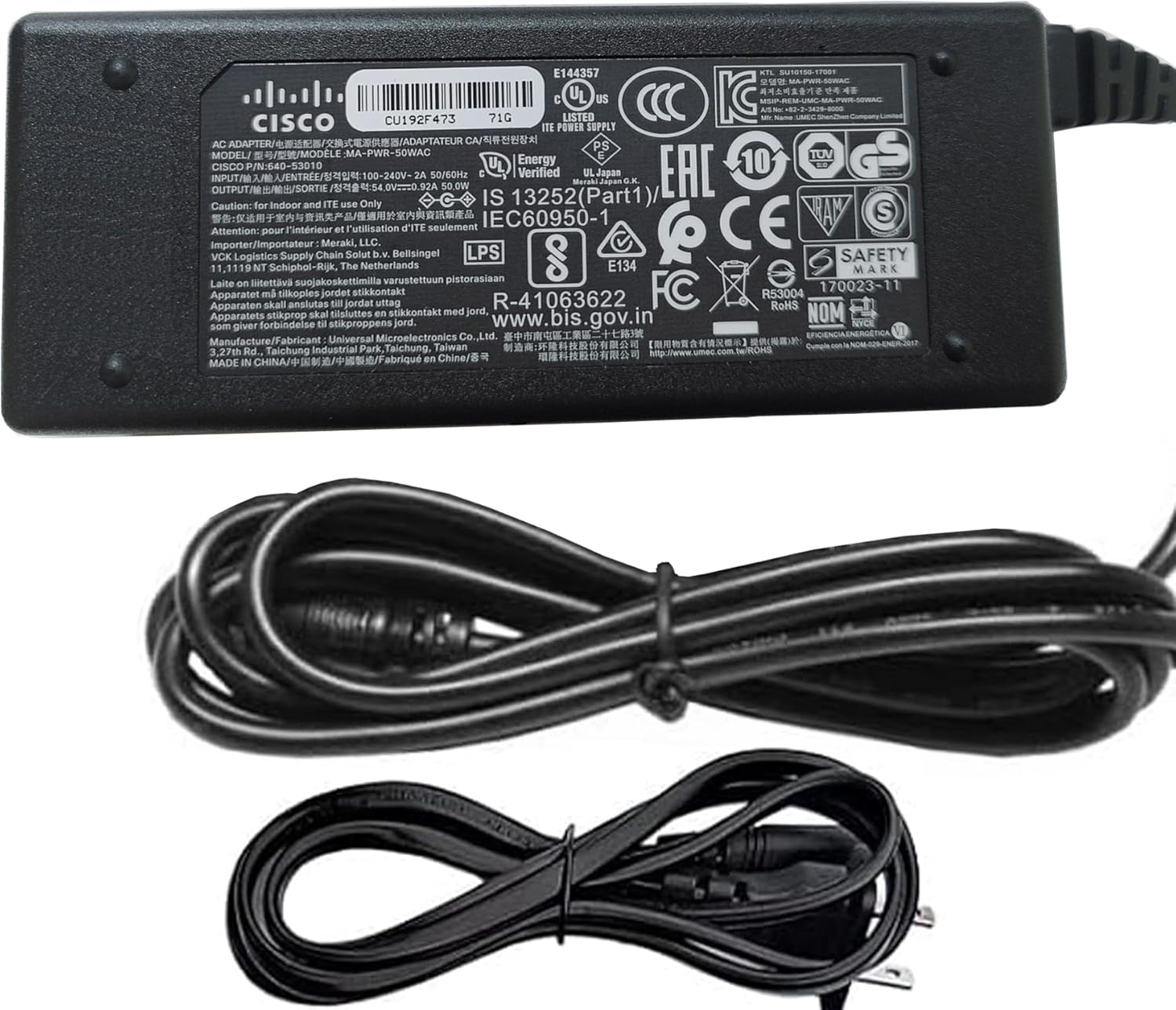 OEM Genuine MA-PWR-50WAC 54V 0.92A 50W AC/DC Adapter Compatible with Cisco Meraki Z3 Z3-HW 600-53010 Z3C Z3C-HW Z3C-HW-WW Cloud Managed Teleworker Gateway Wireless Router Power Supply Cord Charger PSU