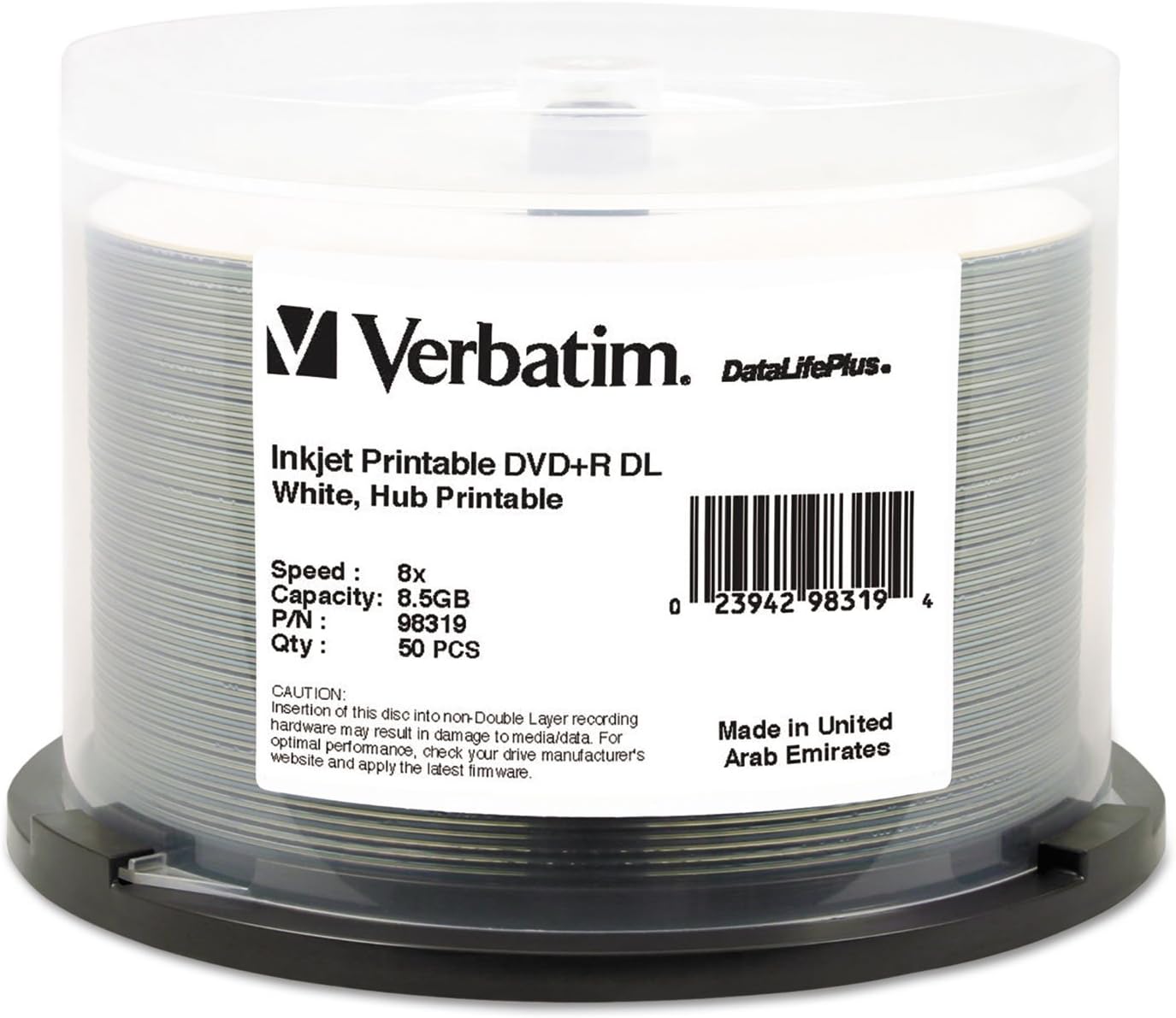 Verbatim DVD+R DL 8.5GB 8X DataLifePlus White InkJet Printable, Hub Printable – 50pk Spindle – 98319