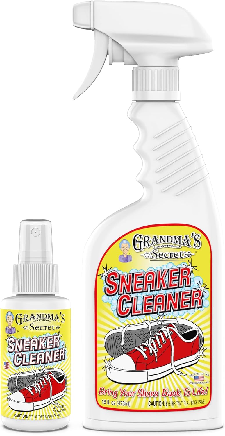 Grandma’s Secret Sneaker Cleaner – for Rubber, Canvas, Leather, Stain Remover Spray Removes Dirt, Grime, Grass – Cleaner for Outdoor Shoes, Slippers, Moccasins – 16oz & 3oz Combo