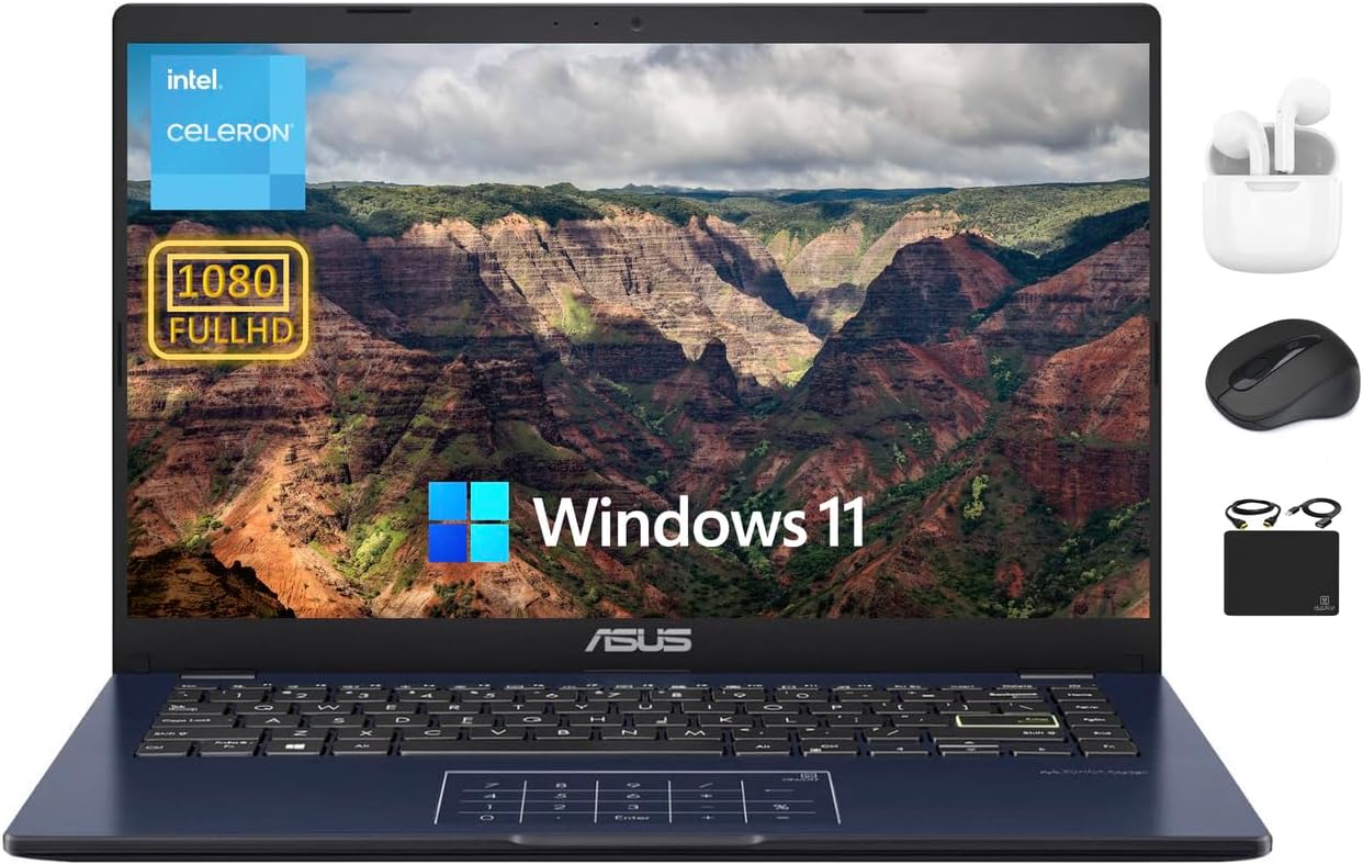 ASUS 14” FHD Portable Go Laptop 2024 Flagship, Dual-Core Intel Celeron N4500 Processor, 4GB RAM, 128GB Storage (64GB eMMC+64GB SD), WiFi, 720P Webcam, 10+ Hrs Battery, Windows 11S +HubxcelAccessory