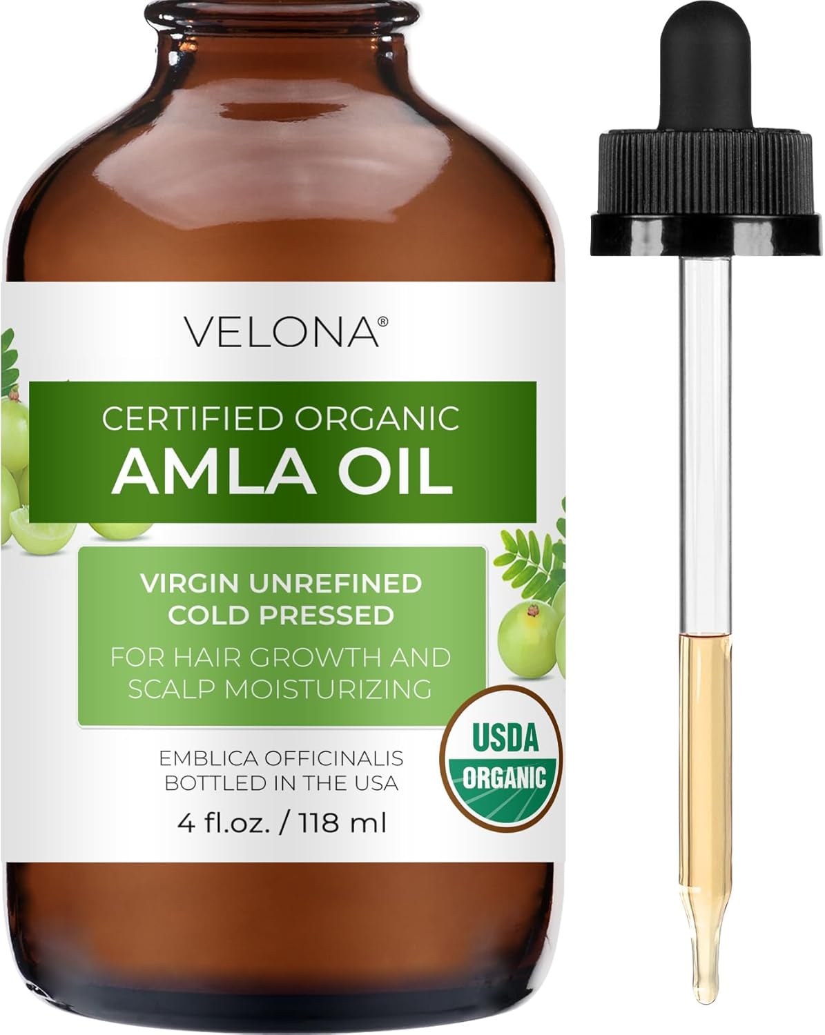 velona Amla Oil USDA Certified Organic – 4 FL Oz (With Dropper) | 100% Pure and Natural Carrier Oil | Extra Virgin, Unrefined, Cold Pressed