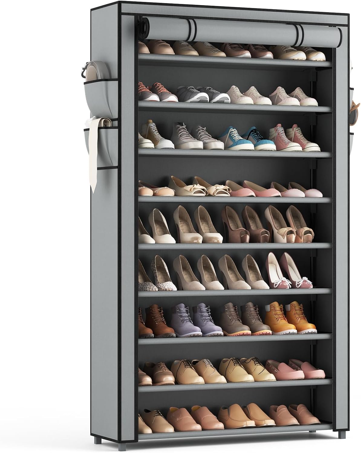 Shoe Rack with Covers 10 Tier Tall Shoe Rack Organizer Large Capacity Shoe Shelf Storage 40 Pairs Space Saving Free Standing Shoe Storage Organizer for Closet, Entryway, Dorm, Grey