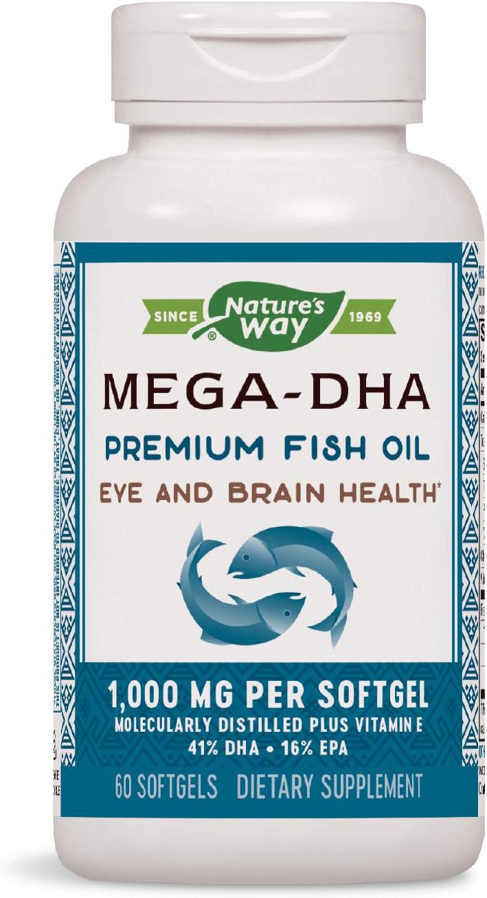 Nature’s Way Mega-DHA Premium Fish Oil, Supports Eye and Brain Function*, Omega-3, 2,000 Fish Oil mg per 2-Softgel Serving, 60 Softgels (Packaging May Vary)