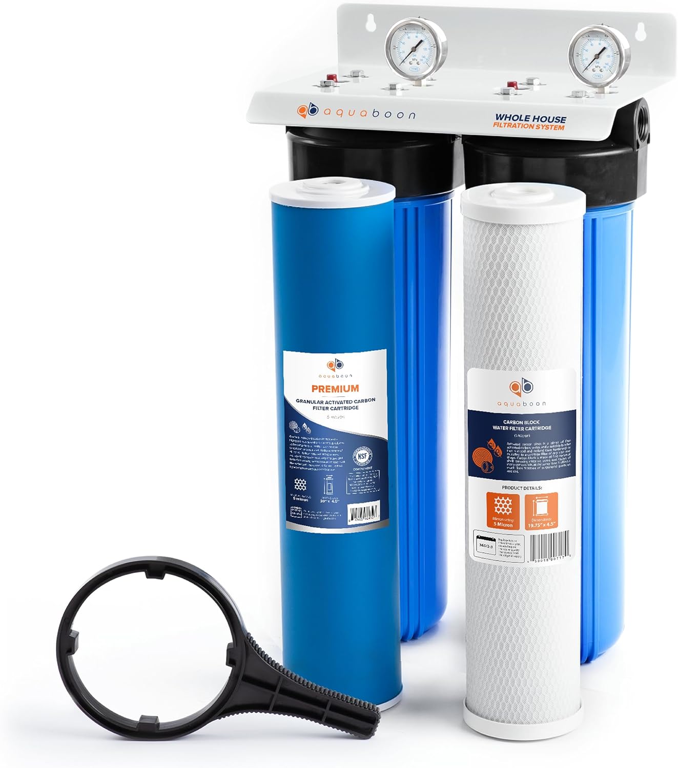 2-Stage Whole House Water Filter System with 20×4.5 GAC & Carbon Filters Against Chlorine & Odor | Pressure Gauge & Release, Wrench, Bracket Included