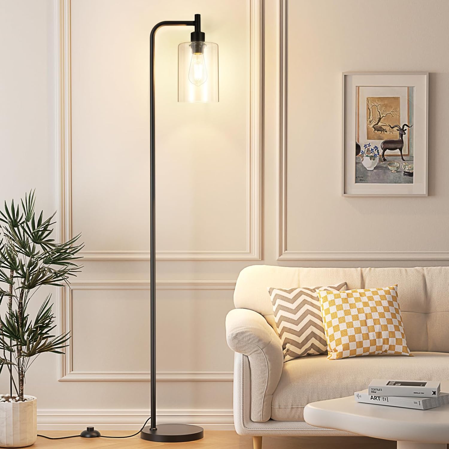 Industrial Floor Lamp with Glass Shade – Black, LED Bulbs, Foot Pedal Switch, Easy Assembly