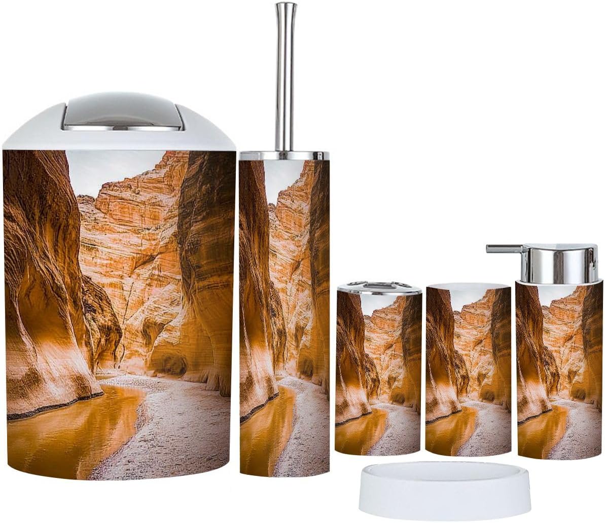 Bathroom Accessory Set 6 Piece Virgin River Zion National Park Utah Toothbrush Holder, Toothbrush Cup, Soap Dispenser, Soap Dish, Toilet Brush Holder, Trash can