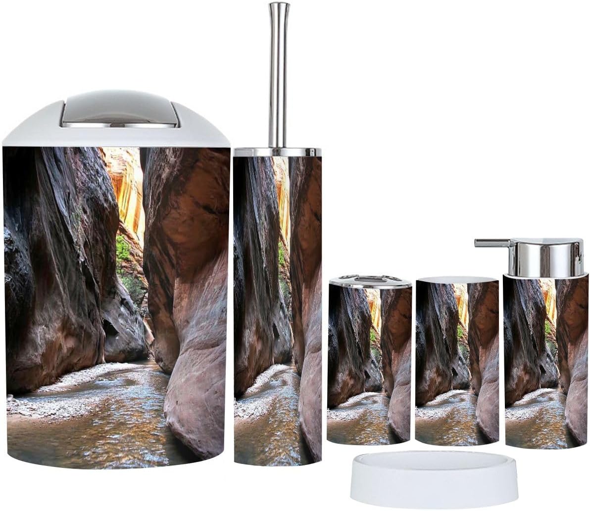 Bathroom Accessory Set 6 Piece Sunlight Reflecting Copper Walls Narrows Zion National Park Utah Toothbrush Holder, Toothbrush Cup, Soap Dispenser, Soap Dish, Toilet Brush Holder, Trash can