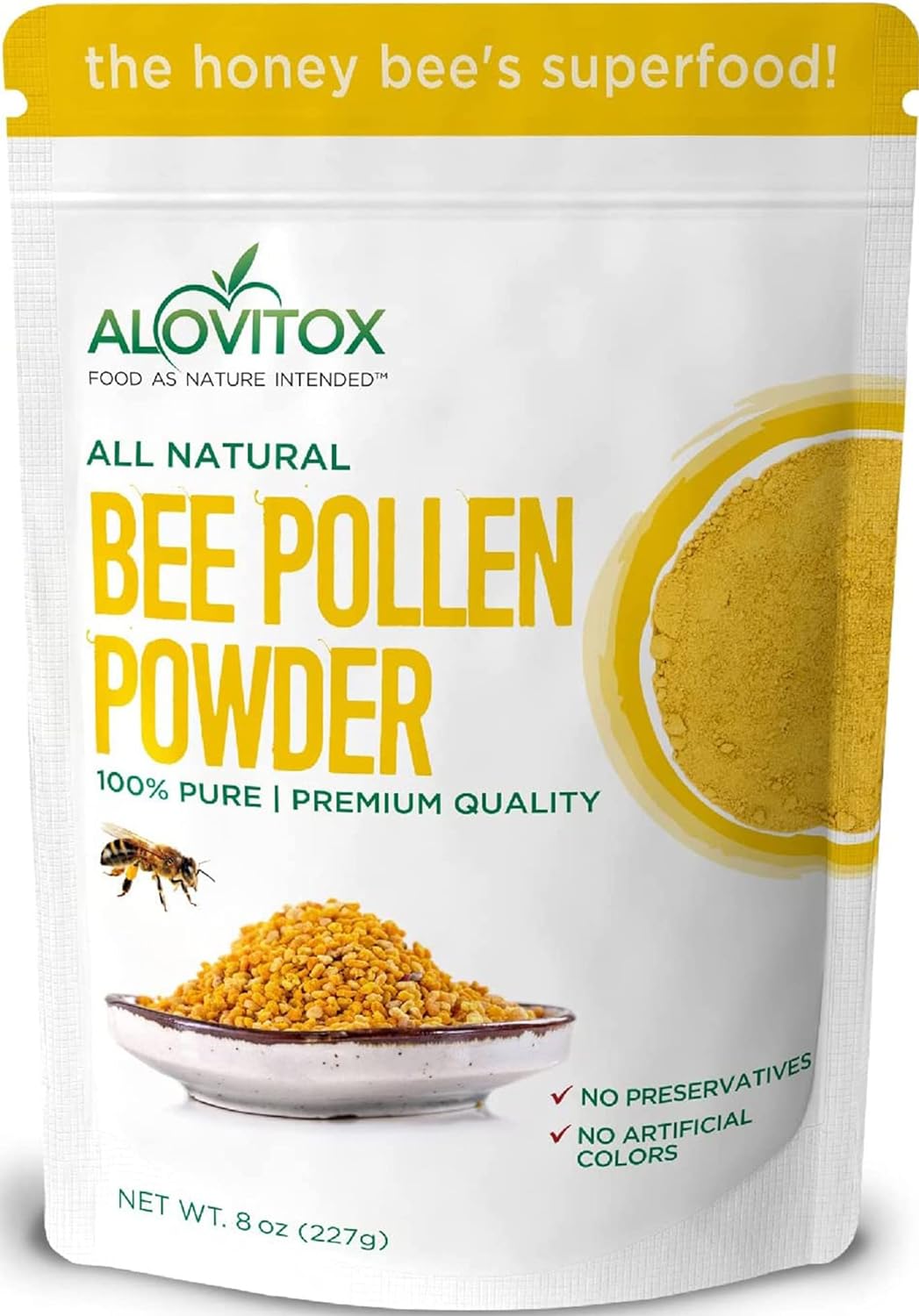 Alovitox Bee Pollen Powder | 100% Pure, Natural Raw Bee Pollen – Antioxidants, Proteins, Vitamins B6, B12, C and A, Amino Acids and More, Non-GMO, Vegetarian Supplement (Bee Pollen Powder, 8 oz)