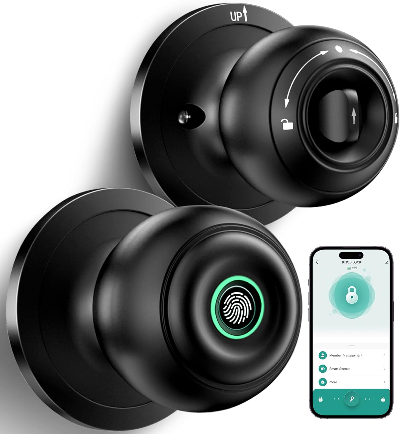 Fingerprint Door Lock, Smart Fingerprint Door Knob with Lock, Biometric Door Lock with App Control & Key, Keyless Thumbprint Entry Door Lock for Bedroom, Front Door, Home, Apartment Office-Matte Black