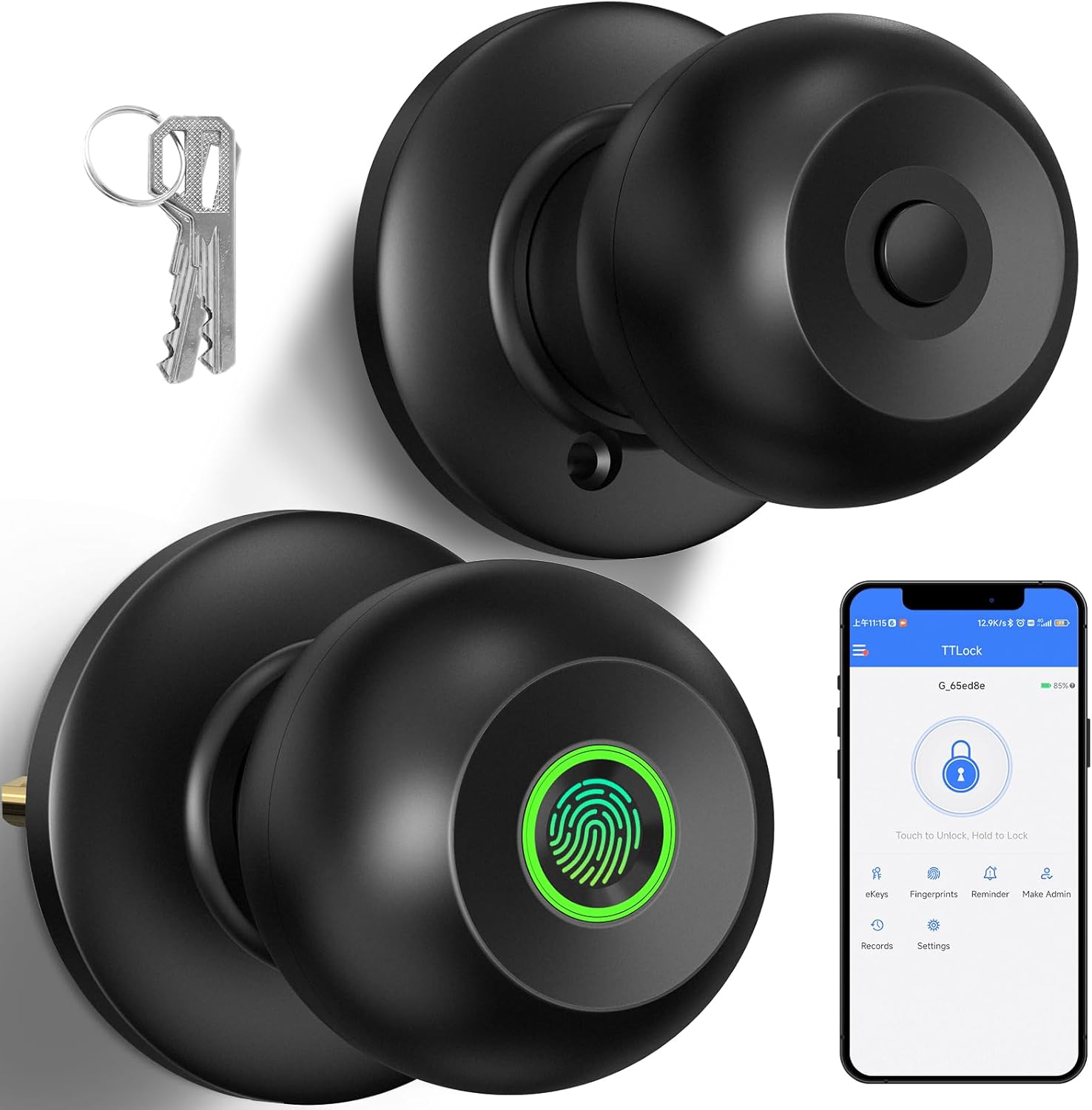 52HZ Fingerprint Door Knob with Lock, Smart Lock for Bedroom Door, Biometric Door Lock with App Control & Key, Thumbprint Keyless Entry Door Lock for Front Door, Home, Apartment, Office, Matte Black