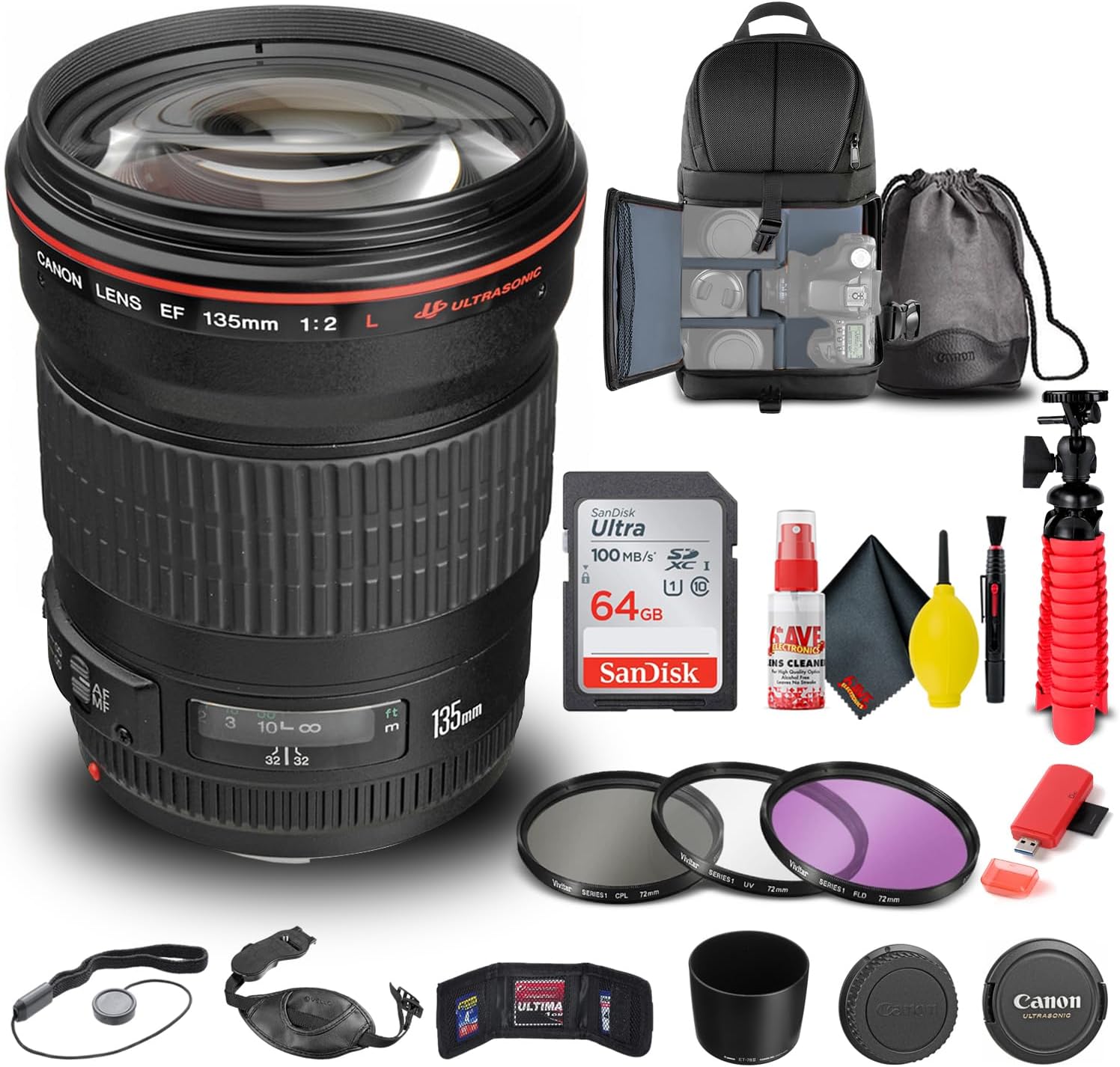 Canon EF 135mm f/2L USM Lens (2520A004) + Filter Kit + Backpack + 64GB Card + Card Reader + Flex Tripod + Memory Wallet + Cap Keeper + Cleaning Kit + Hand Strap + More (Renewed)