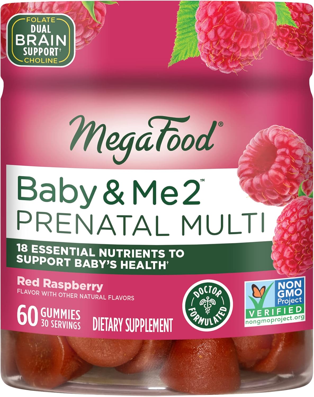 MegaFood Baby & Me 2 Prenatal Vitamin Gummies – Prenatal Vitamins for Women with Folic Acid and Choline for Baby’s Brain Development; Plus Real Fruit- Red Raspberry Flavor – 60 Gummies (30 Servings)