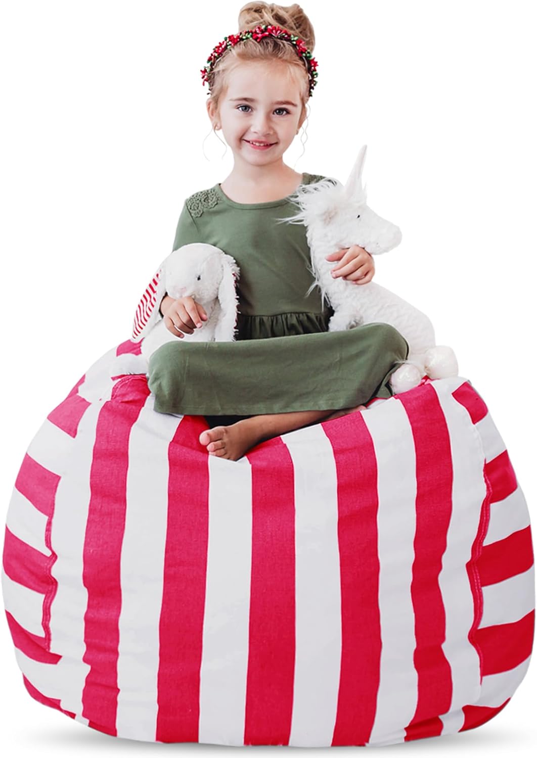 Creative QT Stuff ’n Sit Extra Large 38’’ Bean Bag Storage Cover for Stuffed Animals & Toys, Giant Beanbag Chair for Plush, Toddler & Kids Rooms Bedroom Organizer for Christmas, Pink/White Stripe