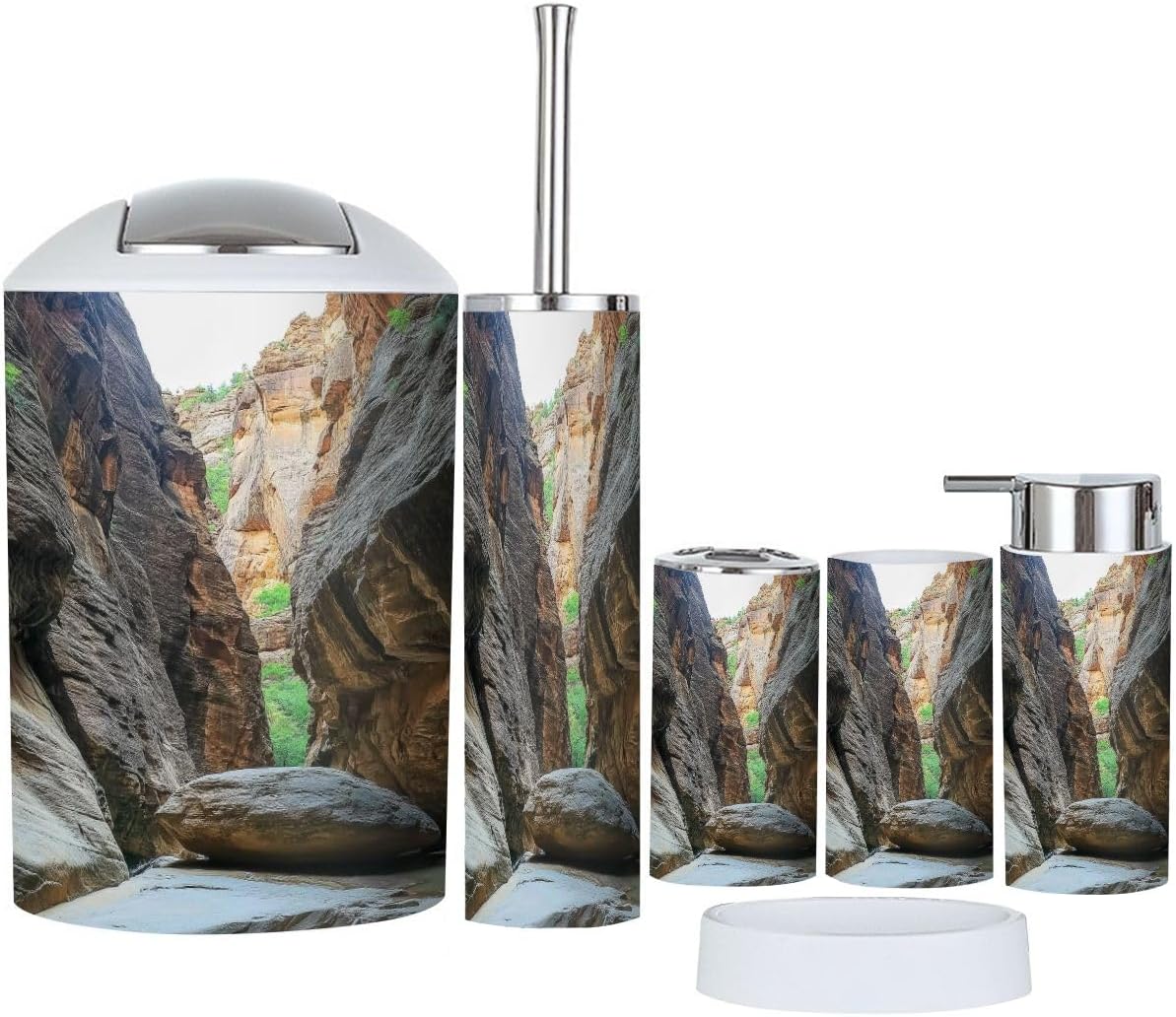 Bathroom Accessory Set 6 Piece Exploring Narrows Zion National Park Utah Toothbrush Holder, Toothbrush Cup, Soap Dispenser, Soap Dish, Toilet Brush Holder, Trash can