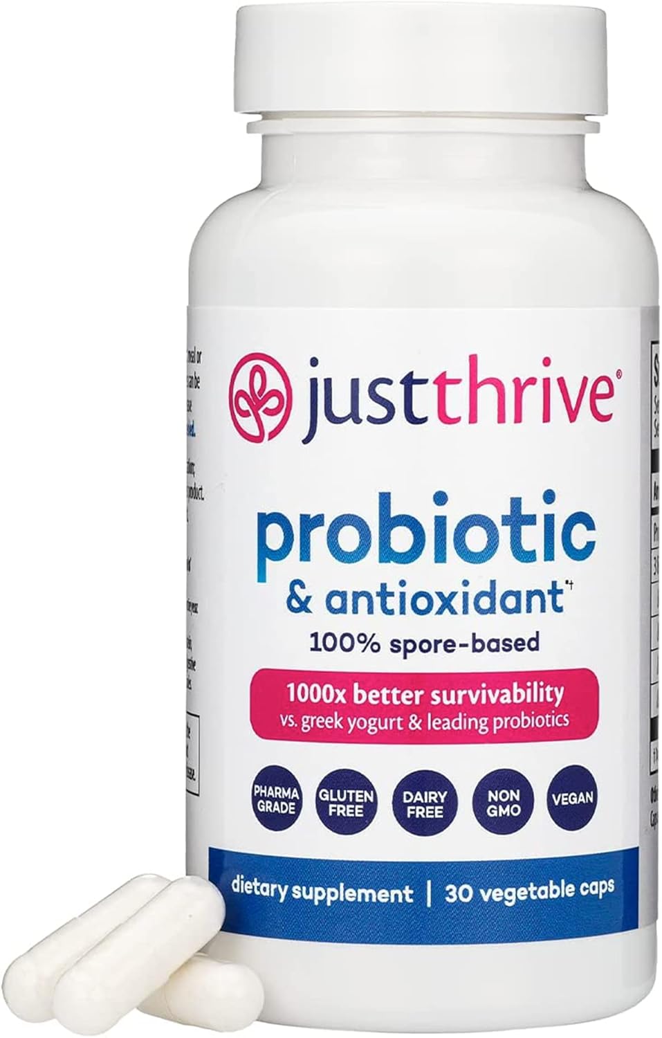 Just Thrive Probiotic & Antioxidant Supplement – 100% Spore-Based Digestive and Immune Support – Gluten Free, 30 Caps