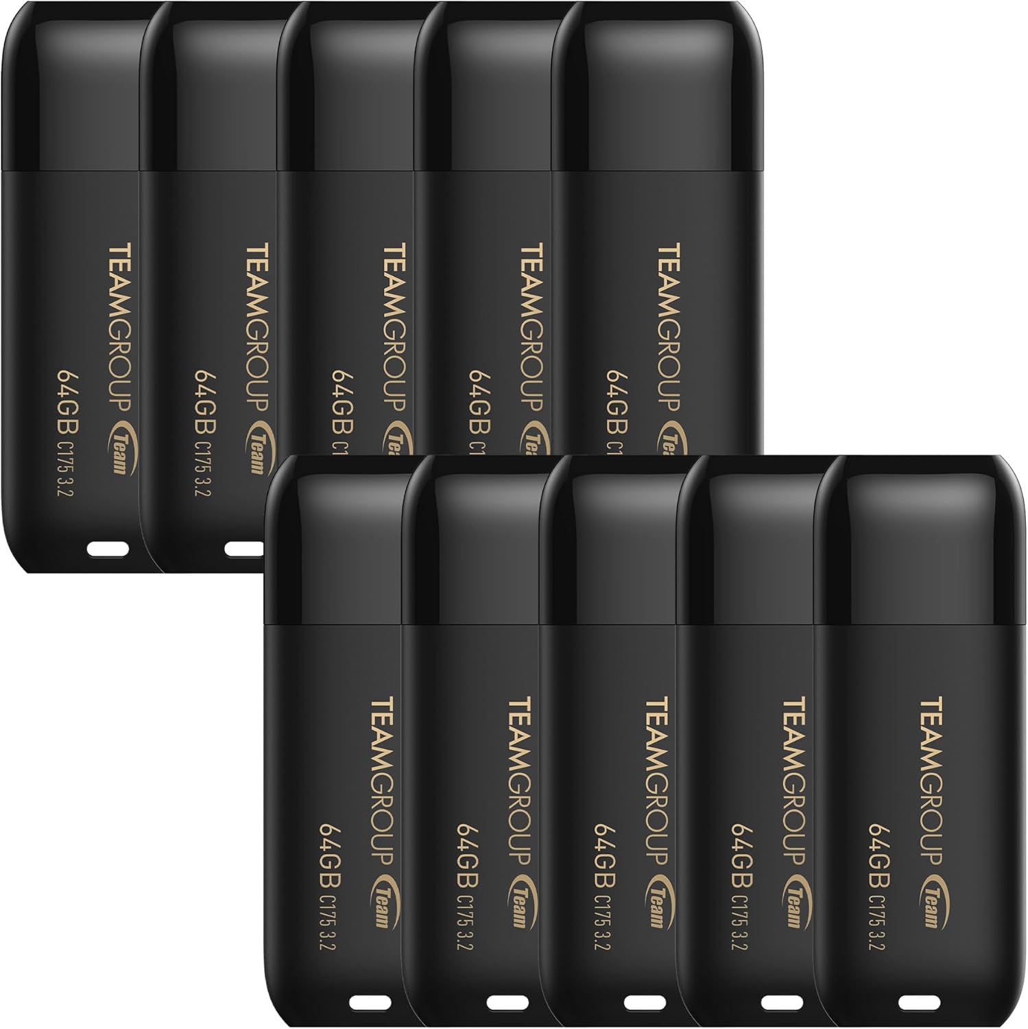 TEAMGROUP C175 64GB 10 Pack USB 3.2 Gen 1 (USB 3.1/3.0) Read 100MB/s Flash Thumb Drive, External Data Storage Memory Stick Compatible with Computer/Laptop Matte Black TC175364GB23