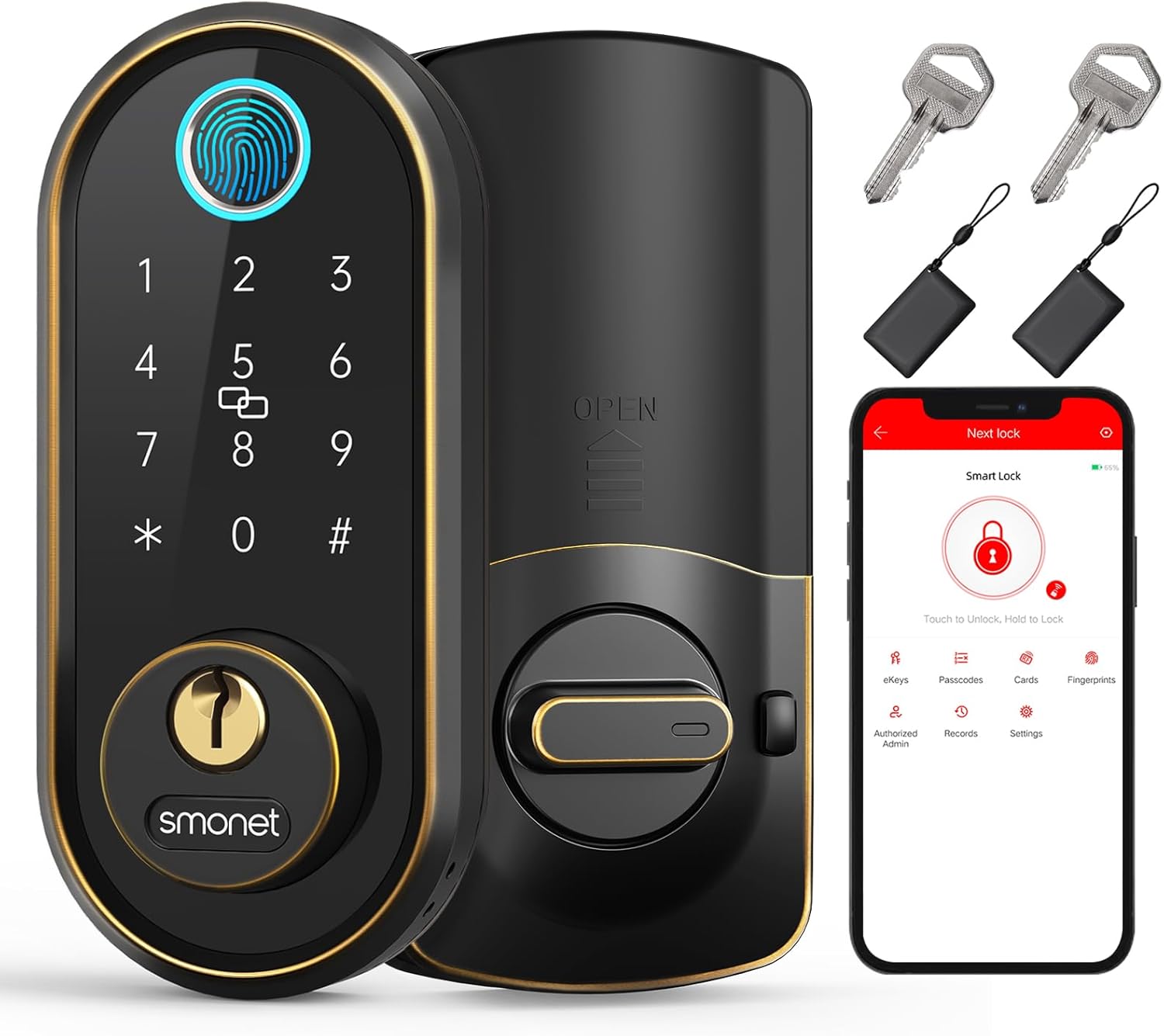 Smart Keyless Entry Door Lock – Fingerprint Electronic Deadbolt Touchscreen Keypad SMONET Biometric Digital Bluetooth Door Lock Smart Deadbolt Work with Alexa for Homes and Hotel