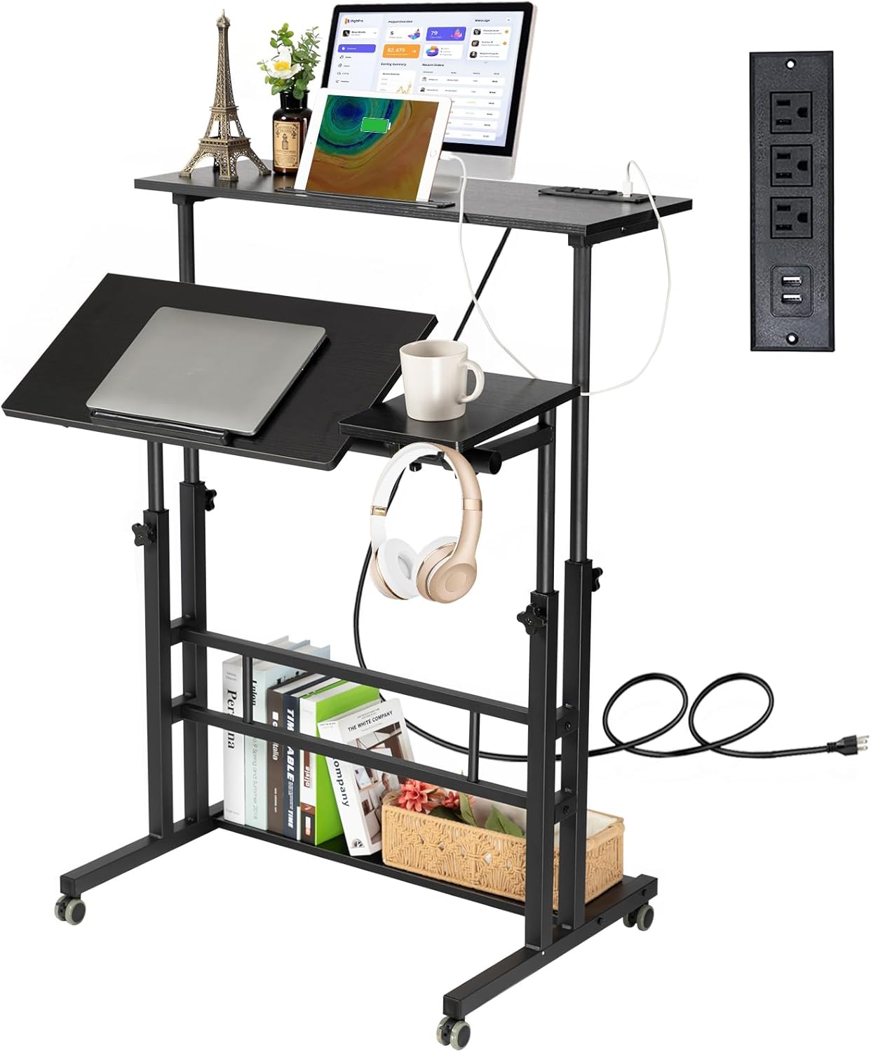 Hadulcet Stand Up Desk, Rolling Desk Adjustable Height, Mobile Standing Desk with Wheels & Charging Station, Portable Desk for Laptop, Rolling Computer Cart TV Tray, Small Standing Desk Drawing Desk