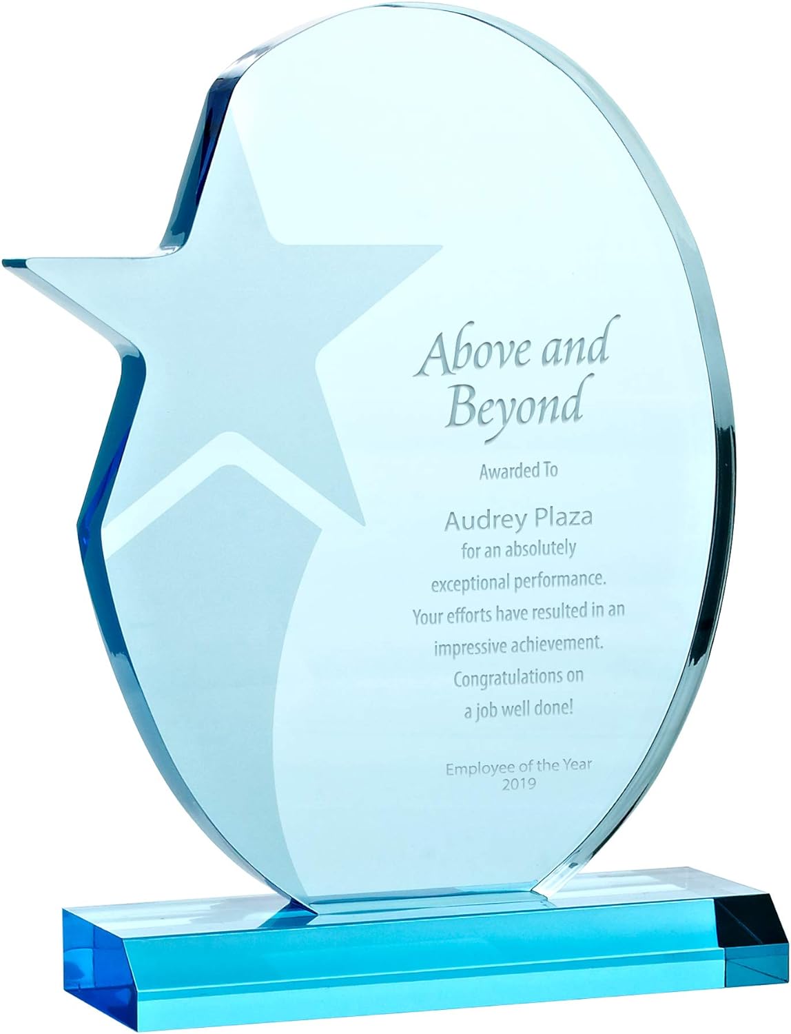 Engraved Trophy – Sky Blue Acrylic – Award for Employees – Personalized Engraving Up to Three Lines and Pre-Written Verse Selection