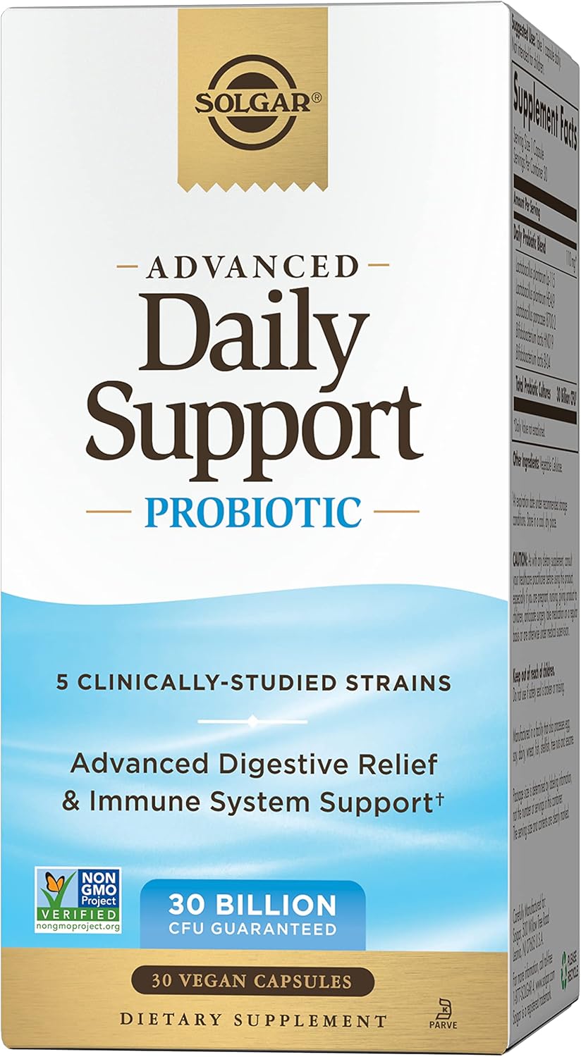 Solgar Advanced Daily Support Probiotic, 30 Vegan Capsules – 30 Billion CFU – 5 Clinically-Studied Strains – Advanced Digestive Relief & Immune System Support – Non-GMO & Vegan, 30 Servings