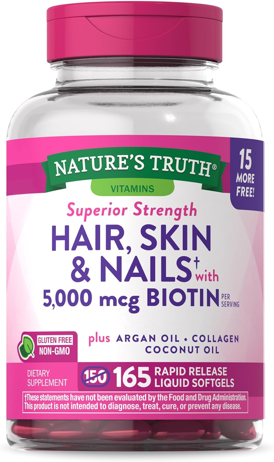 Nature’s Truth Hair, Skin & Nails Vitamin | 5000mcg Biotin | 165 Softgels | with Collagen | Non-GMO & Gluten Free Supplement